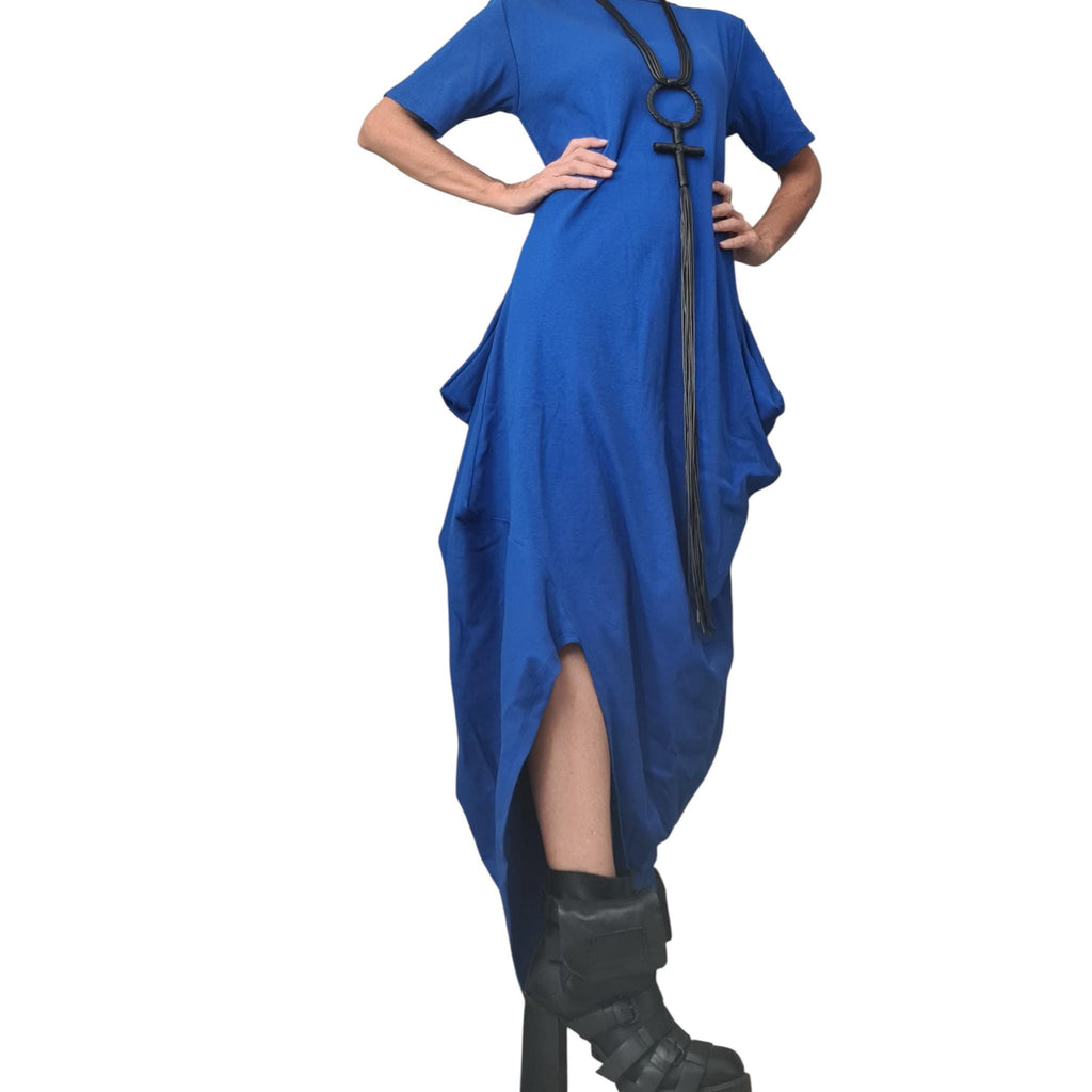 Yellow Cotton Rib Maxi Dress, Asymmetric Avant Garde Dress, Plus Size Clothing