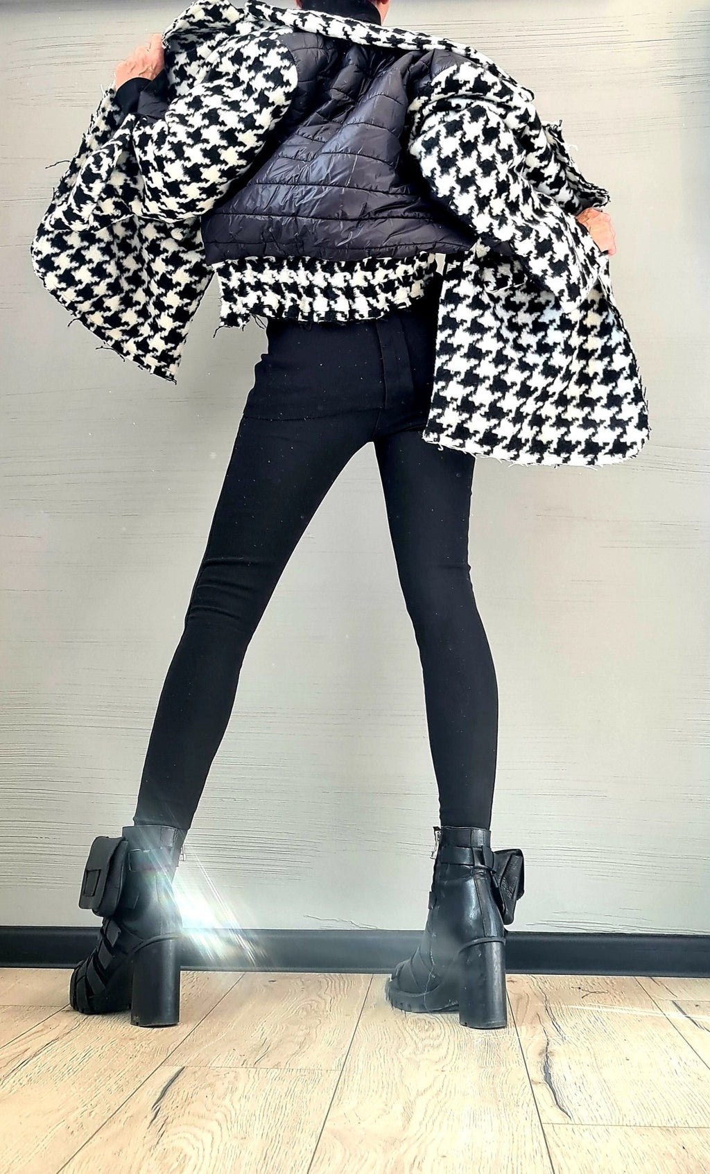 Black and White Houndstooth Wool Coat, Oversized Winter Jacket, Quilted Puffer Lining