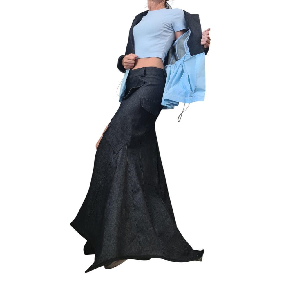 Denim Costume for Women, Avant Garde Denim Blazer, Asymmetric Long Short Skirt