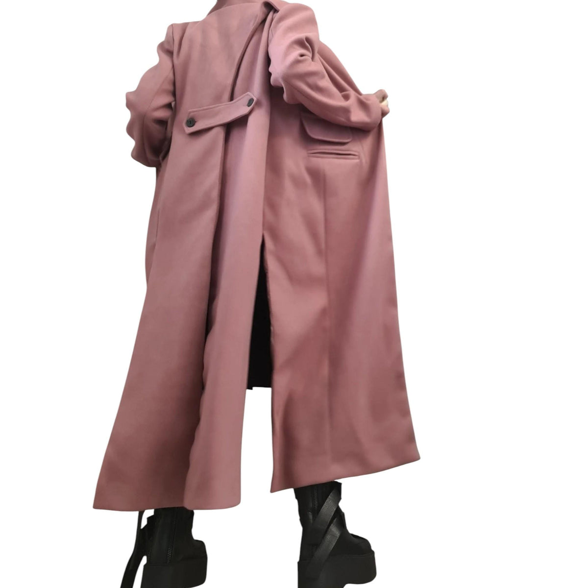 Dusty Rose Long Coat, Asymmetrical Wrap Front and Ruched Sleeves, Plus Size