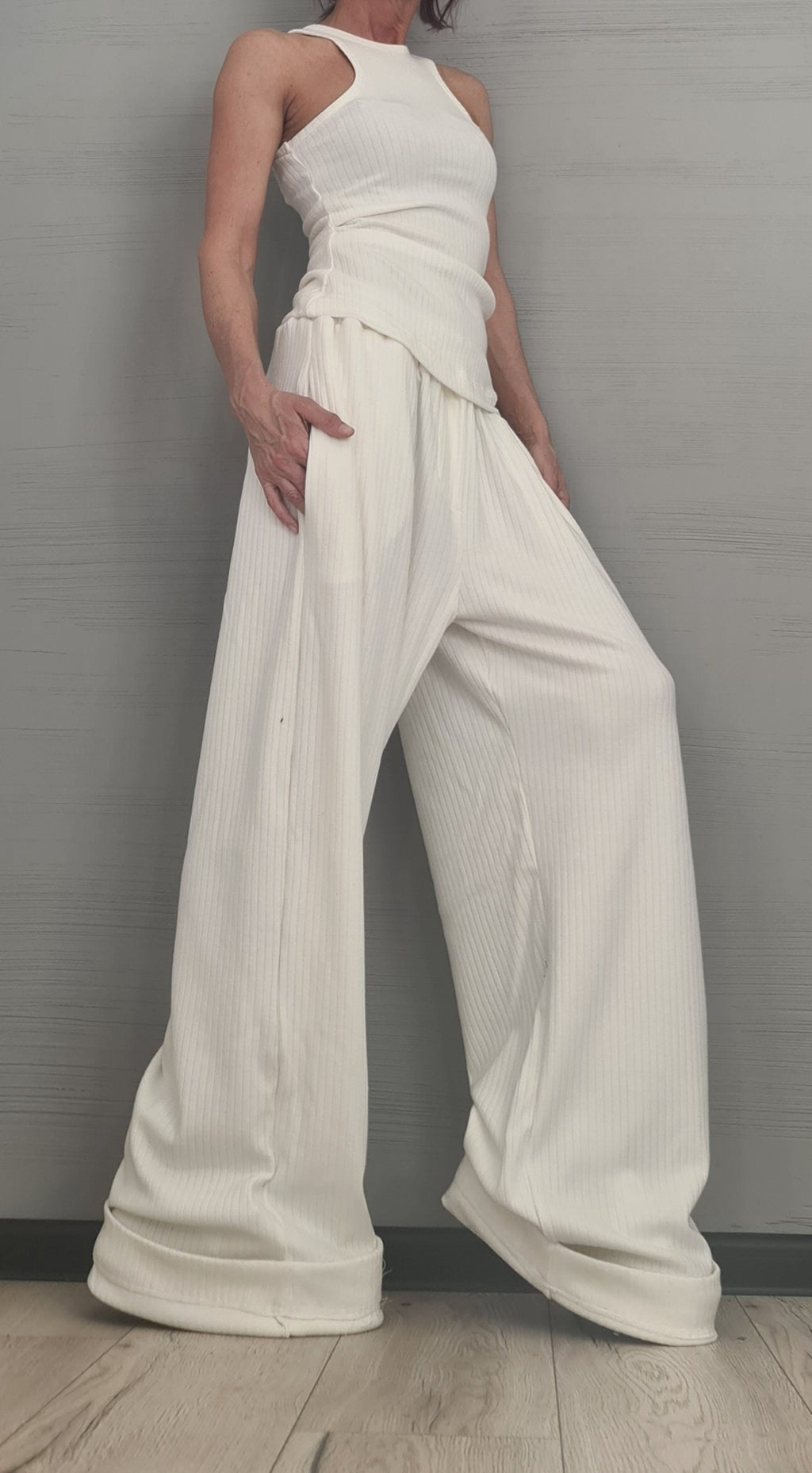 Ivory Cotton Wide Leg Pants, Sleeveless Top, Deconstructed Shirt, Three-Piece Co-Ord Set, Plus Size