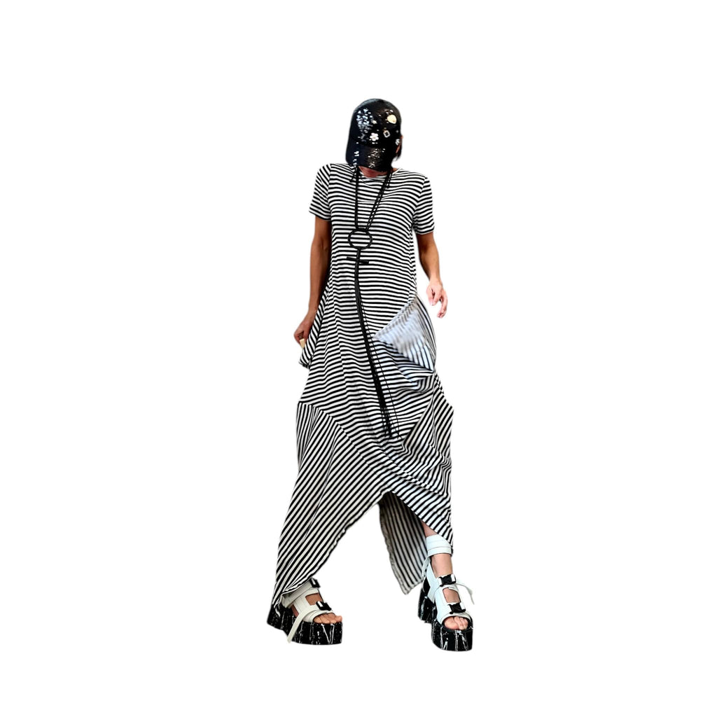 Striped Cotton Dress, French Terry Asymmetric Dress High Low Hem, Oversized Avant Garde Fashion