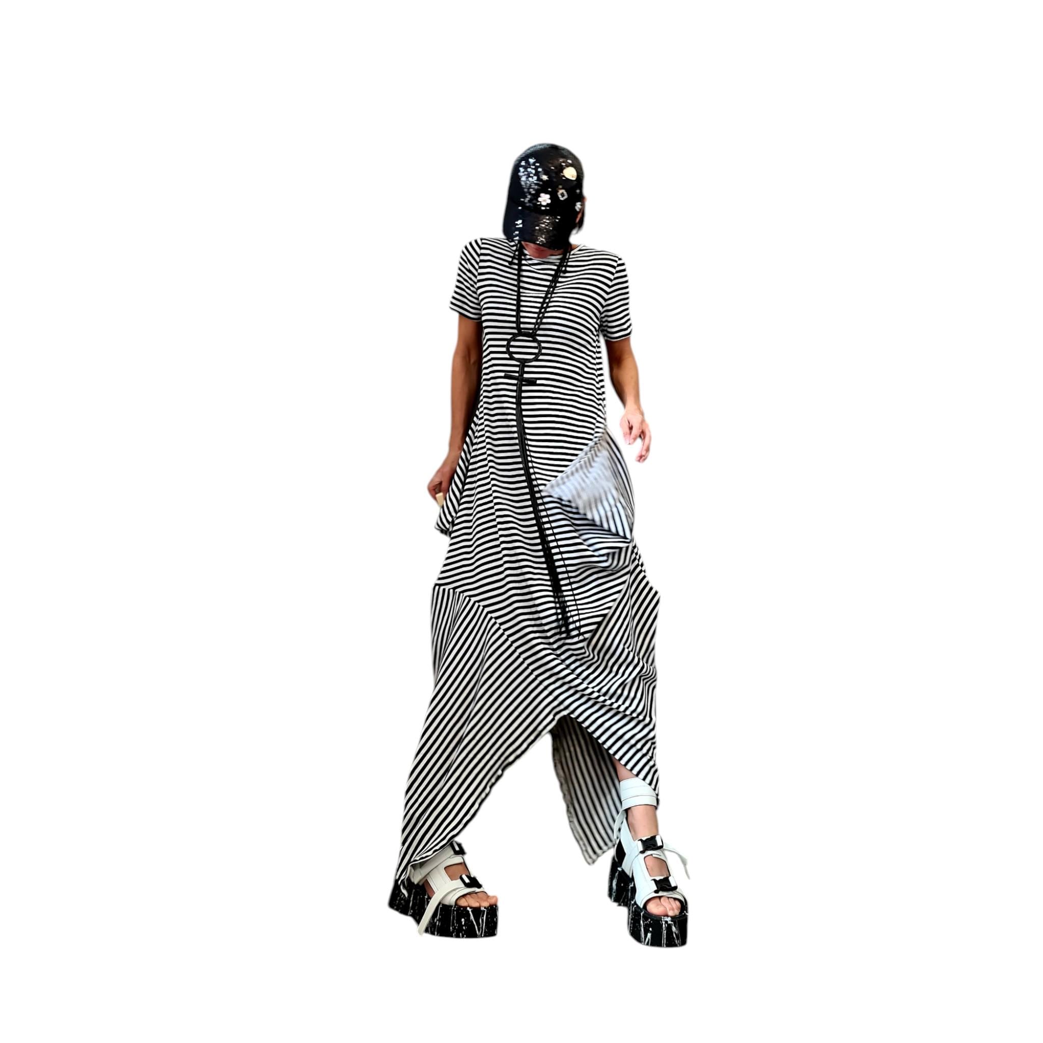 Striped Cotton Dress, French Terry Asymmetric Dress High Low Hem, Oversized Avant Garde Fashion