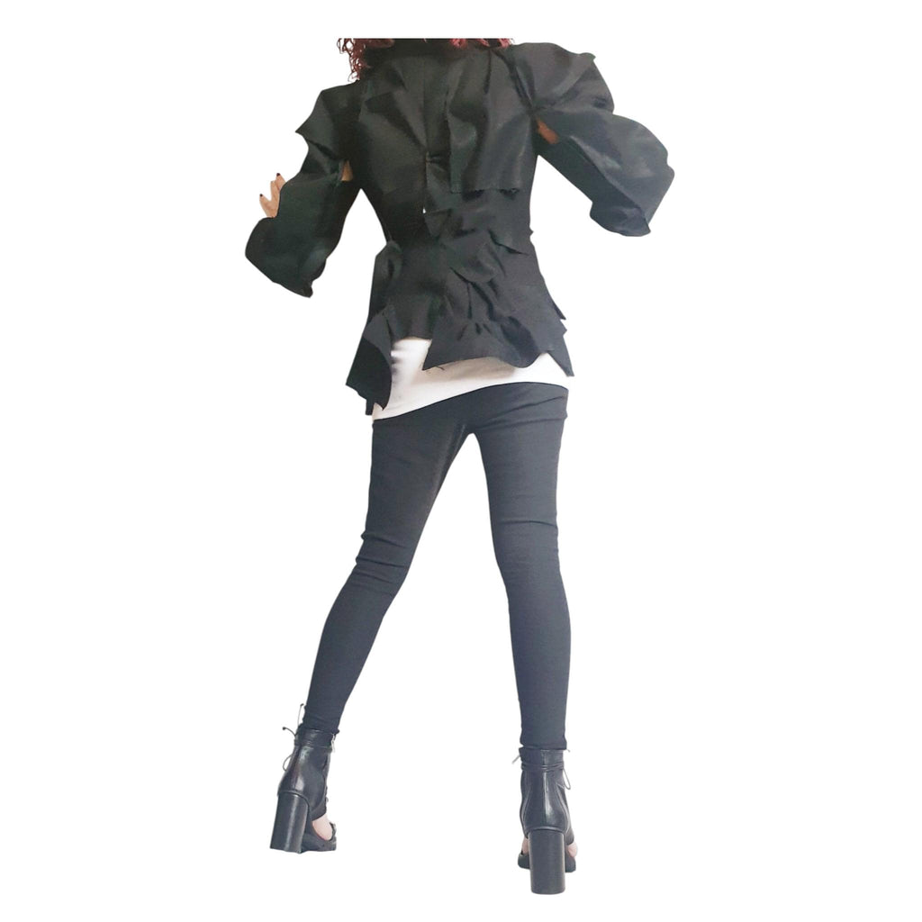 Asymmetric Black Denim Avant Garde Blazer Jacket for Women, Futuristic Deconstructed Fitted Style