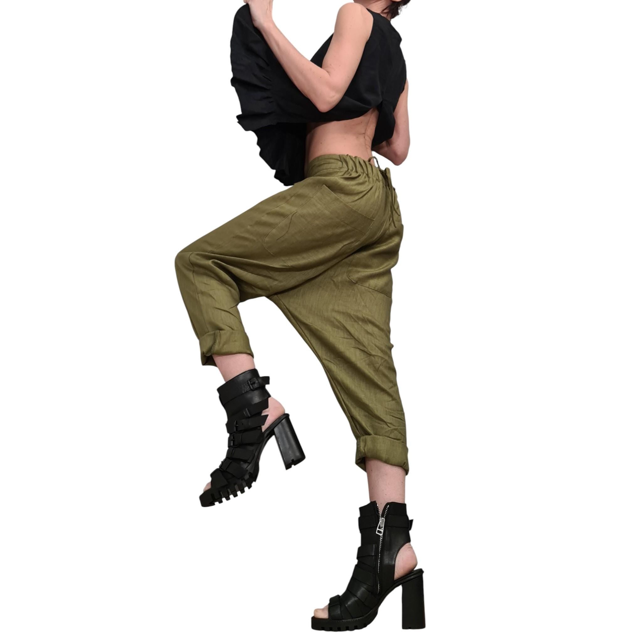 Military Green Linen Harem Pants, Wide Drop Crotch Trousers, Loose Summer Pants