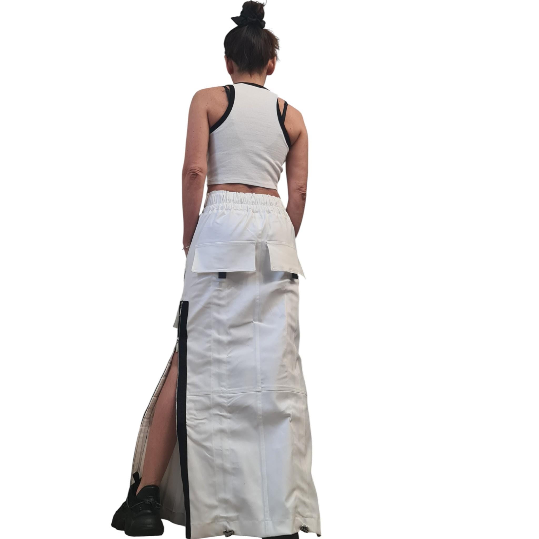 White Denim Maxi Skirt, Black Zipper Details, Cargo Pocket Skirt Avant Garde Clothing