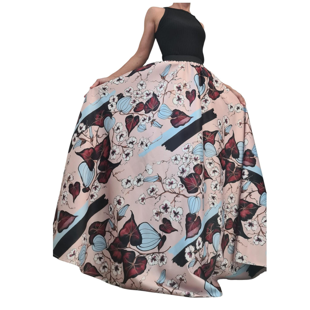 Satin Ball Maxi Skirt, Long Circle Skirt, Floral Print Wedding Guest Dress