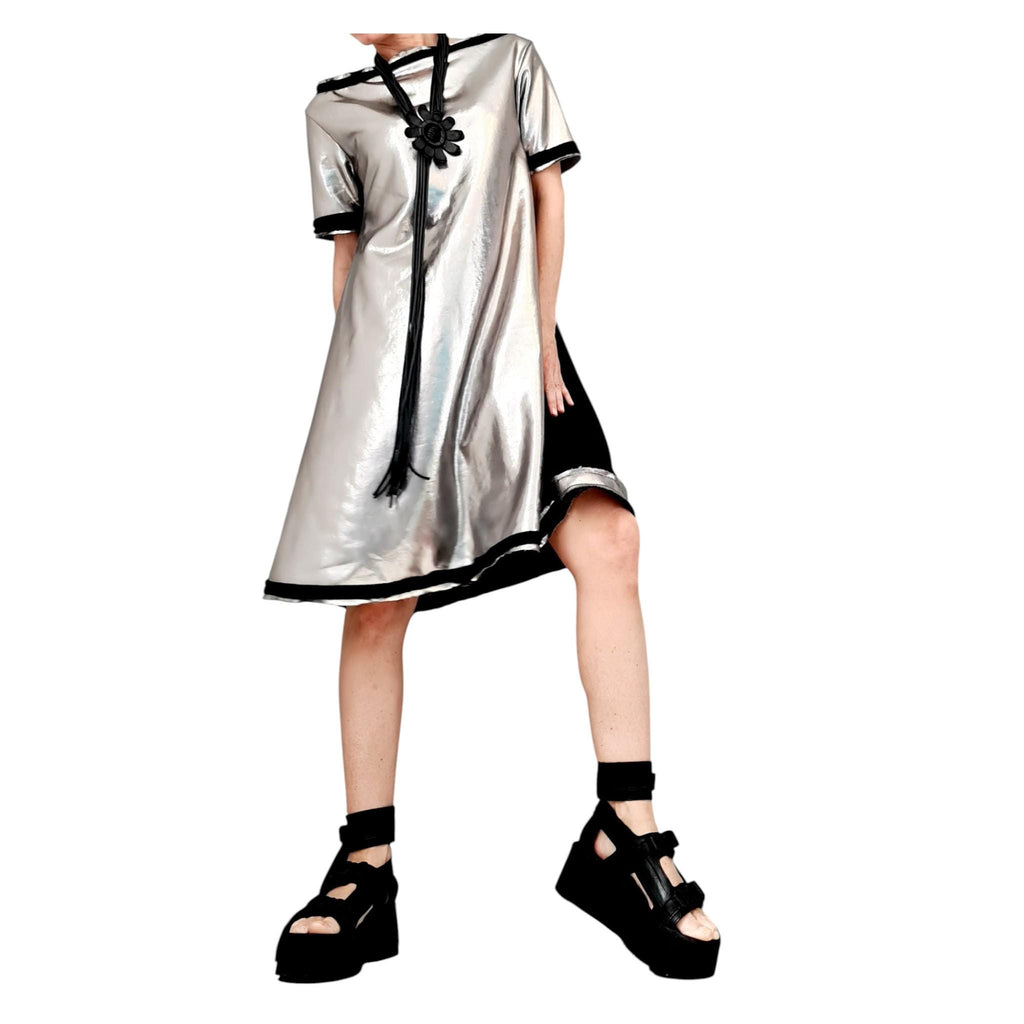 Black Silver Dress, Loose Cotton Tunic, Oversize A Line Short Sleeve Tunic