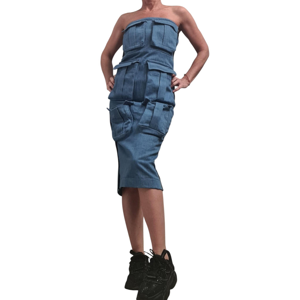 Denim Pencil Dress, Avant Garde Style, Outer Pocket Detail, Cargo Dress for Women