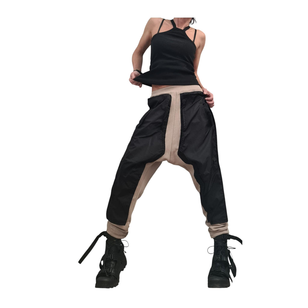 Extravagant Harem Pants, Cargo Trousers, Beige Black, Outer Pockets