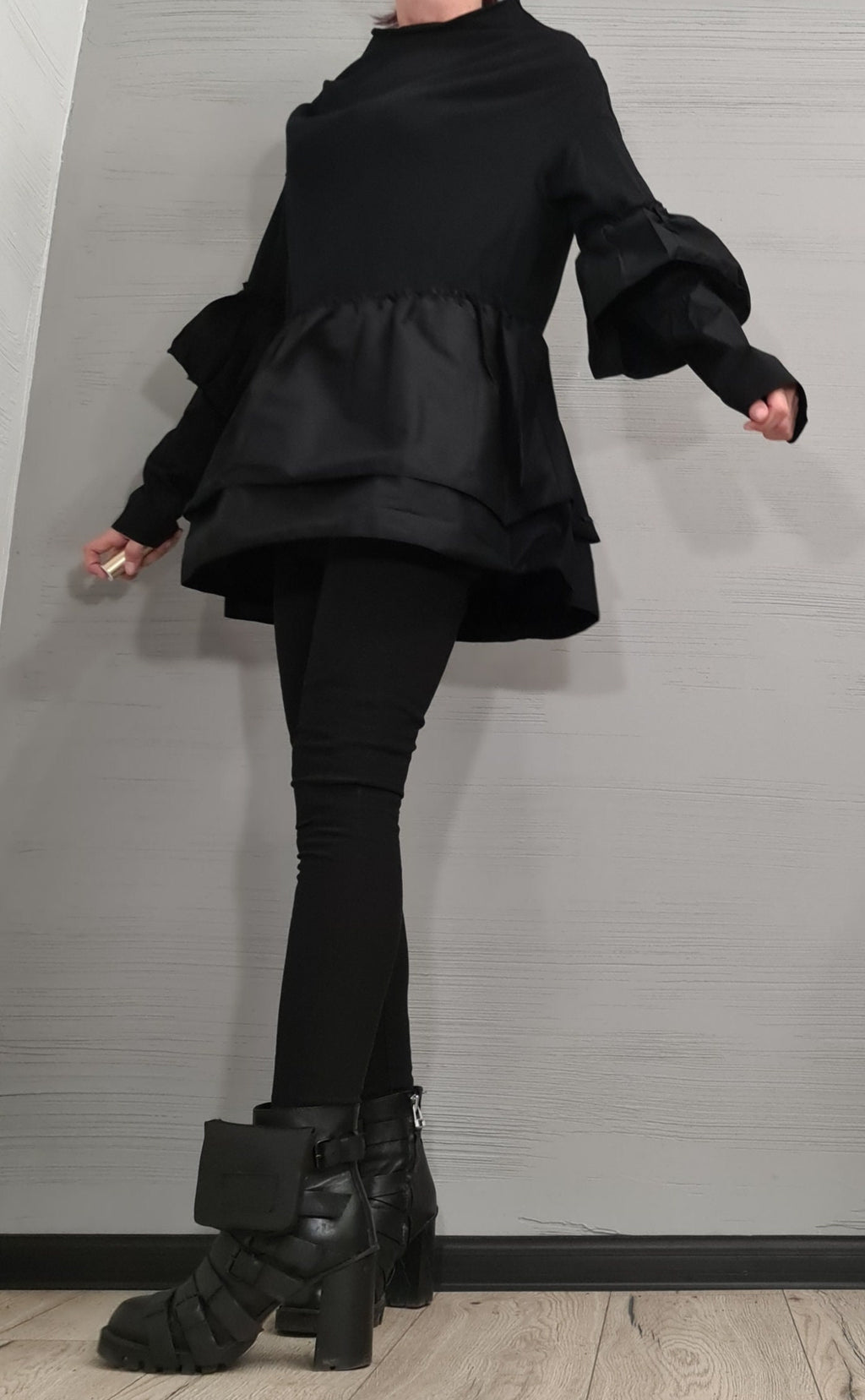 Black Oversize Cotton Blouse | Asymmetric Sleeves with Shirting Ruffles | fashion for women | architectural