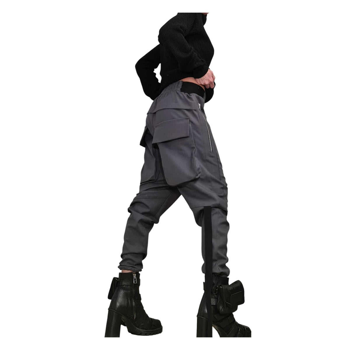 Grey Cargo Harem Pants, Utility Pockets, Tapered Leg