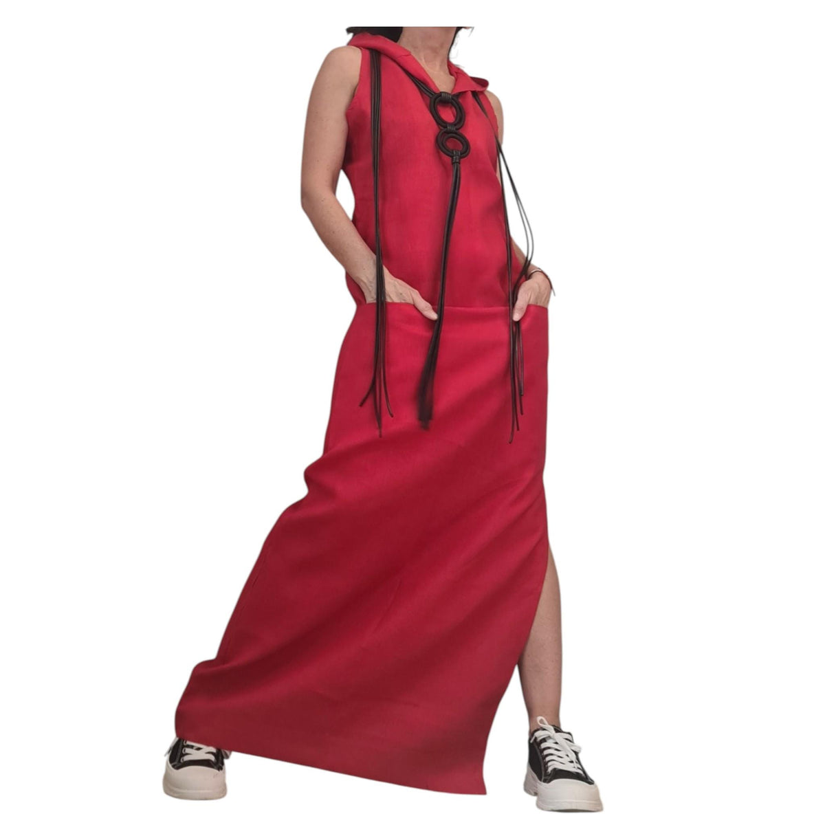 Red Linen Hooded Maxi Dress Women, Sleeveless Long Kaftan, Boho Summer Sundress
