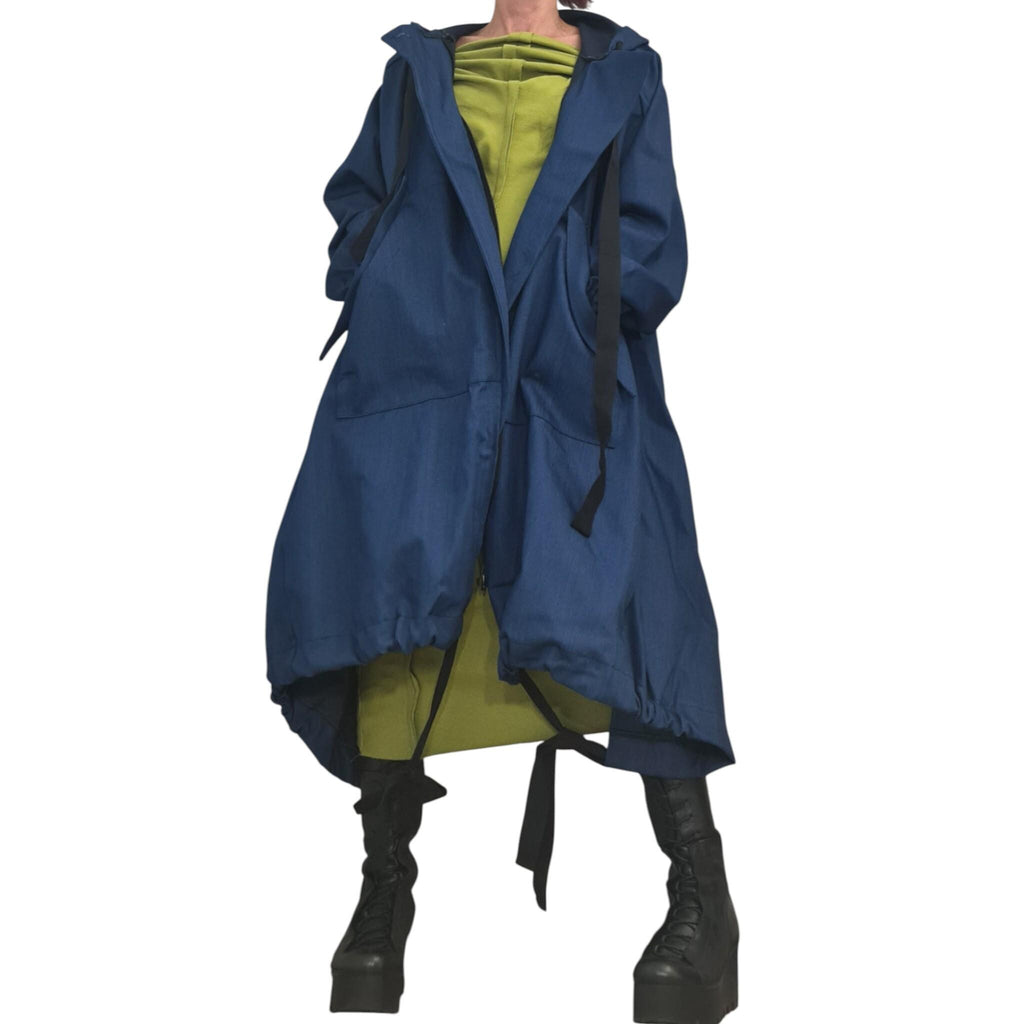 Asymmetric Long Denim Hooded Jacket for Women | Extravagant Loose Gothic Trench Style | DDP USA