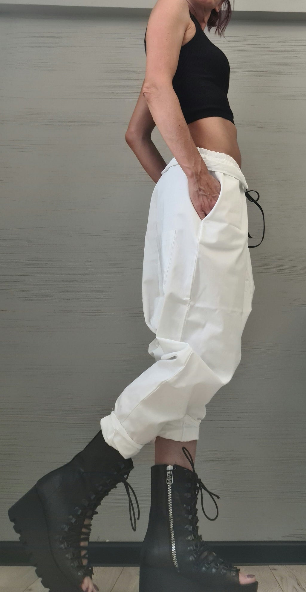 White Cotton Harem Trousers, Drop Crotch Pants