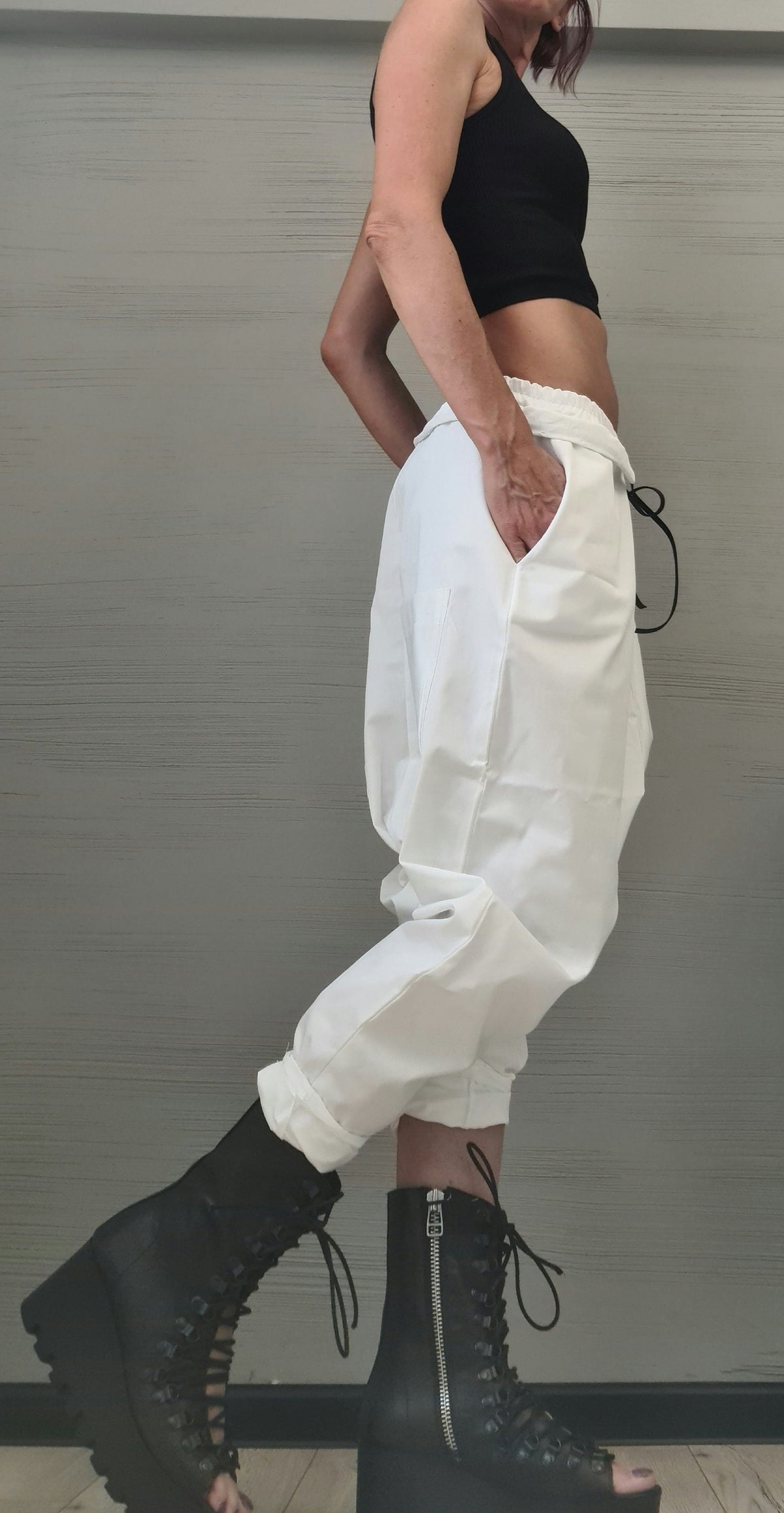 White Cotton Harem Trousers, Drop Crotch Pants