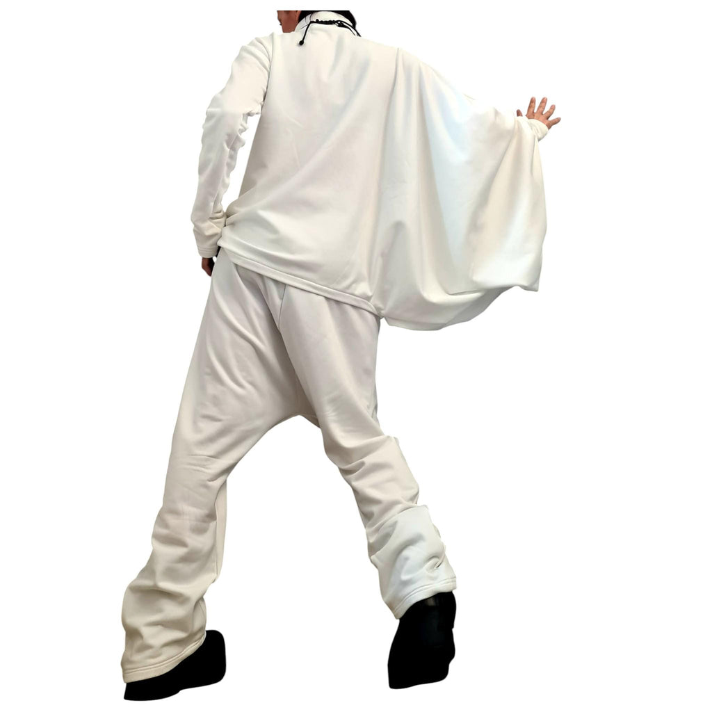 White Cotton Drop Crotch Harem Pants, Oversized Asymmetrical Batwing Turtleneck Top, Two-Piece Co-Ord Set