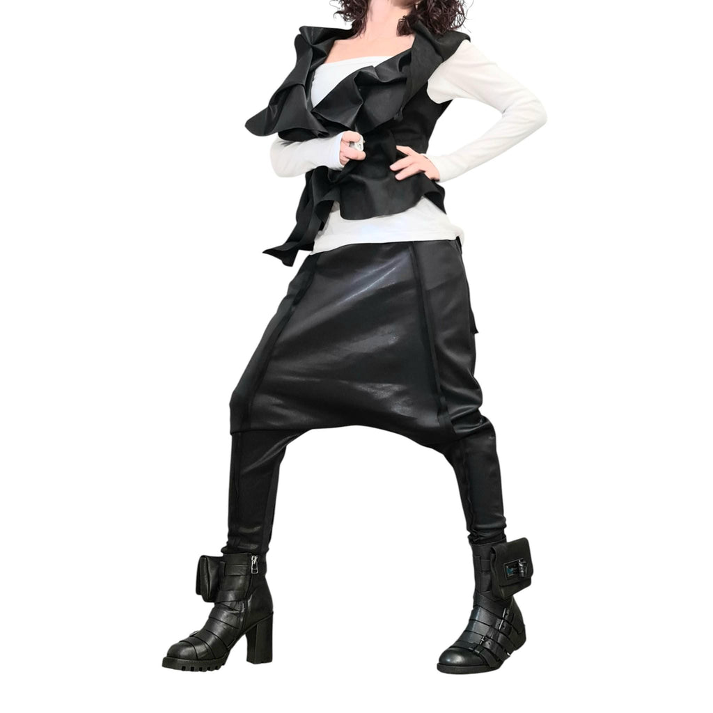 Black Neoprene Harem Pants, Tapered Legs, Ruched Asymmetrical Vest, Two Piece Co-Ord Set
