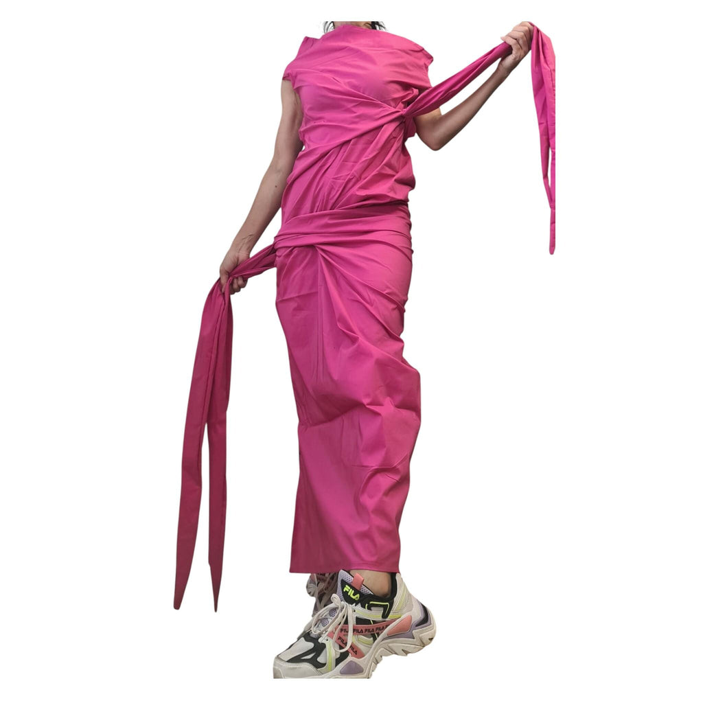 Pink Maxi Dress, One Shoulder Asymmetric, Boho Summer Dress, Kaftan Draped Cotton Outfit