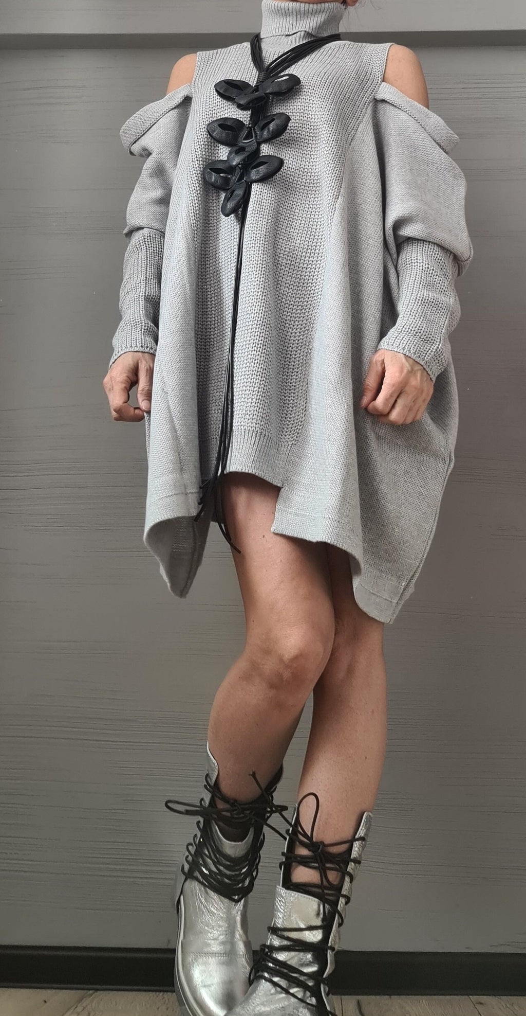 Grey Asymmetric Knitted Tunic Dress, Cold Shoulder Sweater, Plus Size Top