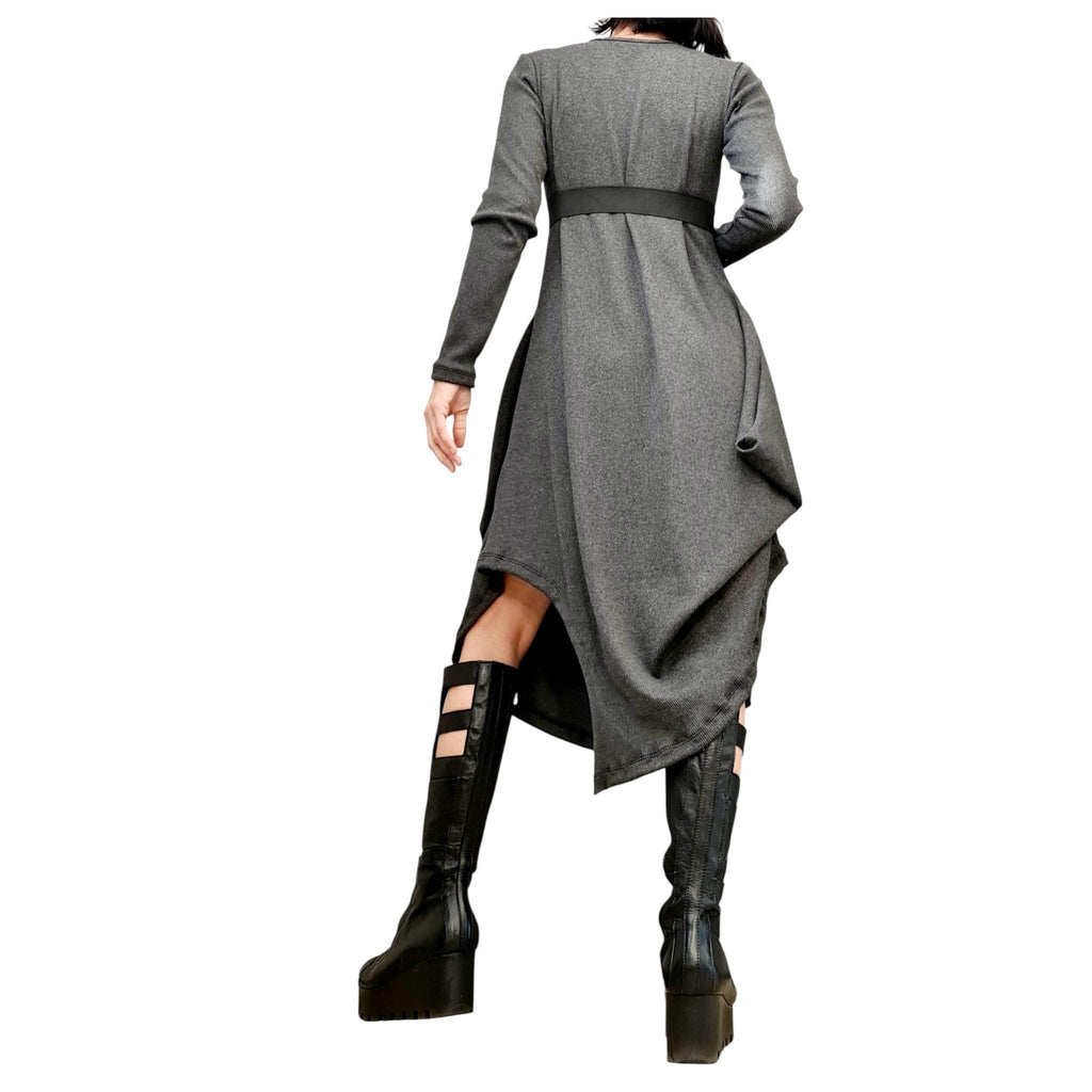 Grey Cotton Rib Dress, Long Sleeve Midi Dress, Avant Garde Loose Fit Kaftan