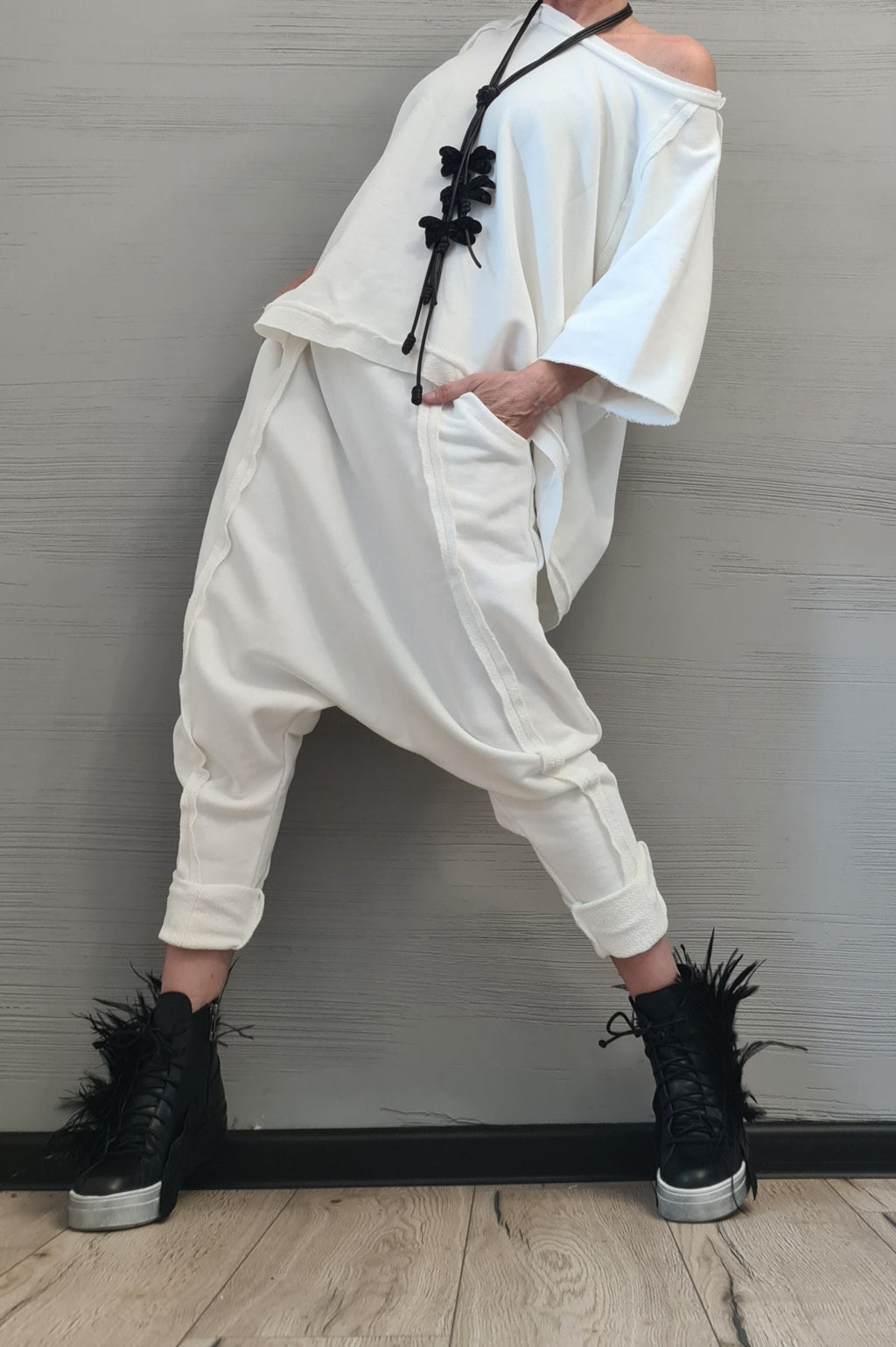 Beige Cotton Drop Crotch Harem Pants, Asymmetrical Open Back Blouse, French Terry Co-Ord Set