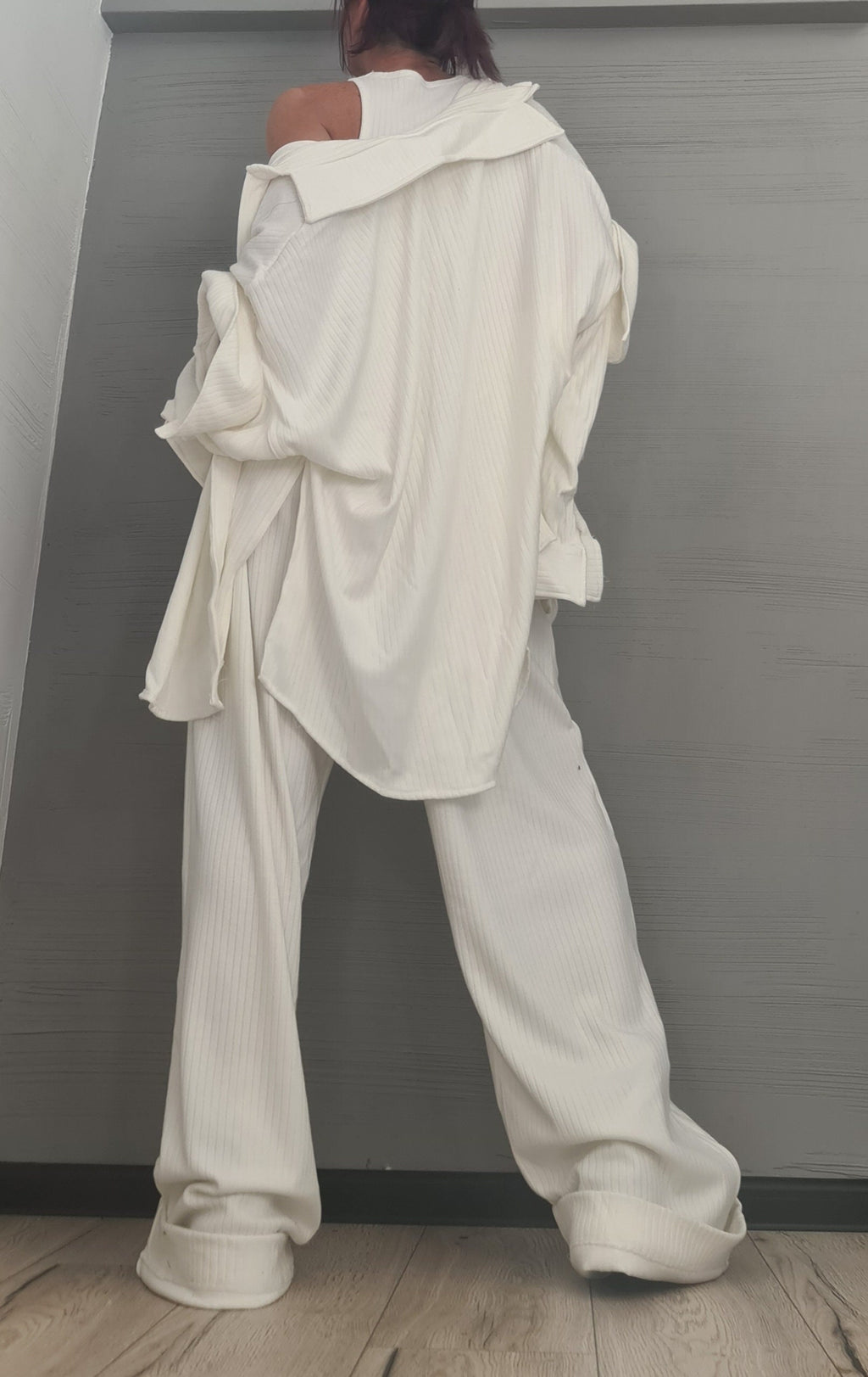 Ivory Cotton Wide Leg Pants, Sleeveless Top, Deconstructed Shirt, Three-Piece Co-Ord Set, Plus Size
