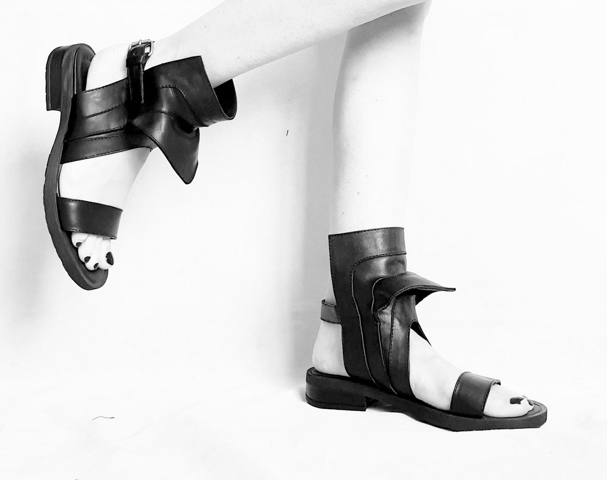 Black Leather Gladiator Sandals Open Toe Ankle Design Gothic Handmade Women Shoes