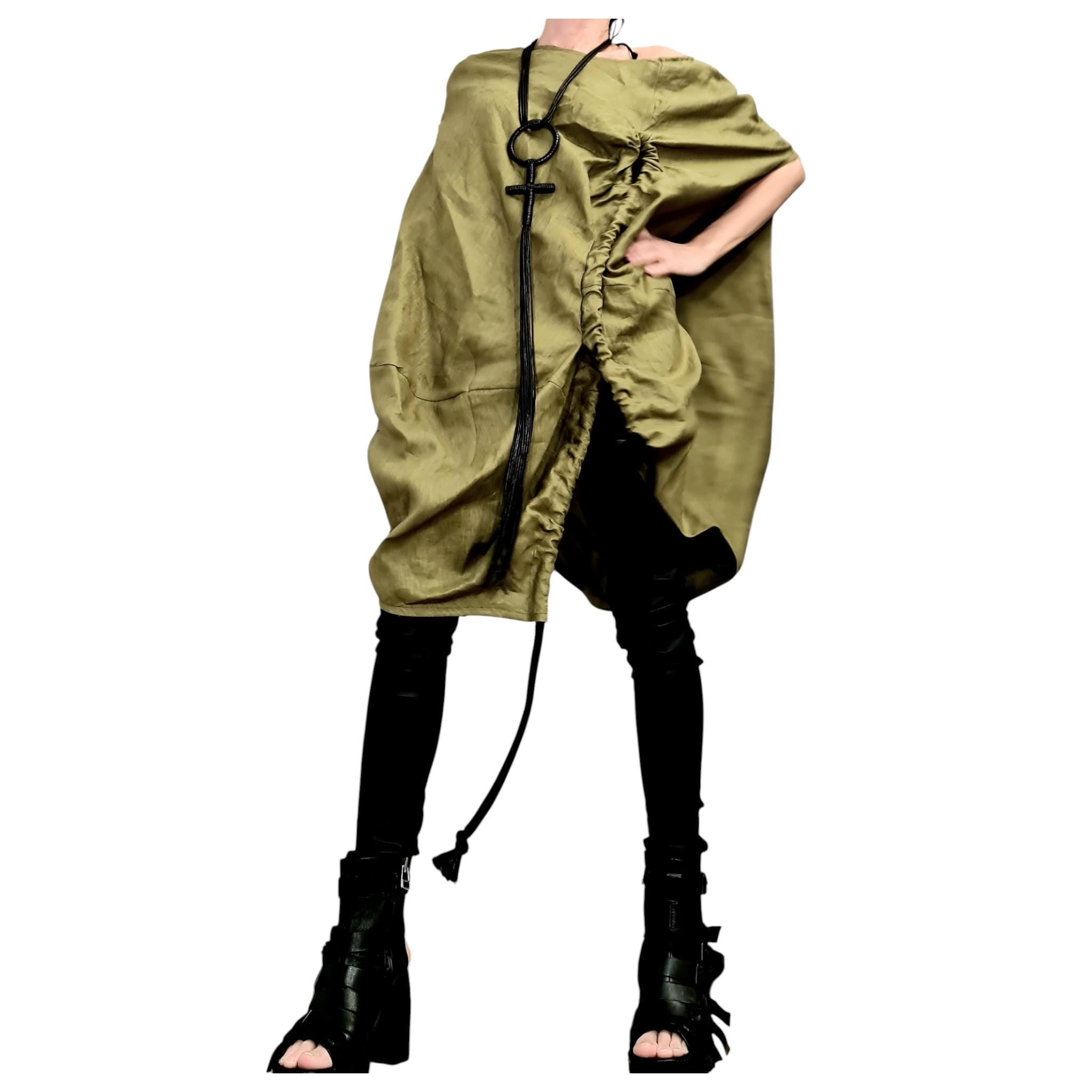 Military Green Linen Tunic, Asymmetric Oversize Top, Adjustable Ruched Kaftan, Plus Size Clothing