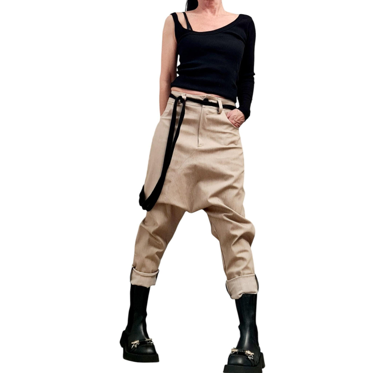 Beige Denim Harem Pants, Loose Drop Crotch Pants, Oversized Baggy Jeans, Plus Size Trousers