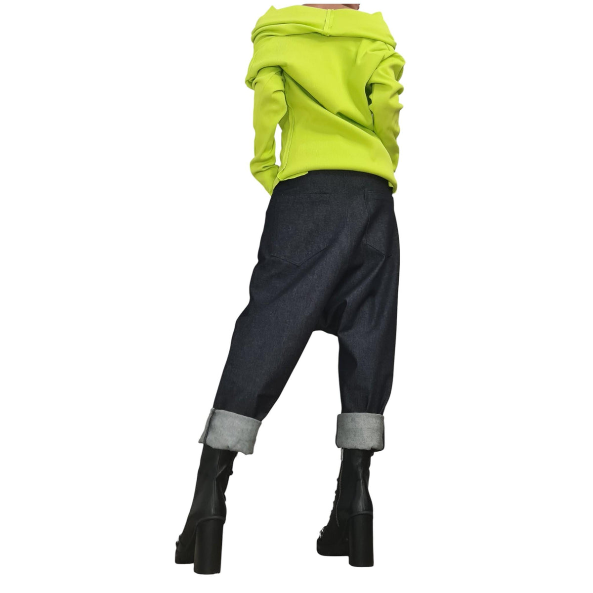 Lime Asymmetric Women Cotton Top, Deconstructed Fitted Blouse, Bare Shoulder Style, Avant Garde Blouse