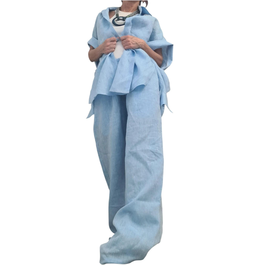 Linen Set Women, Baby Blue Wide Leg Pants, Asymmetric Shirt, Loose Summer Outfit