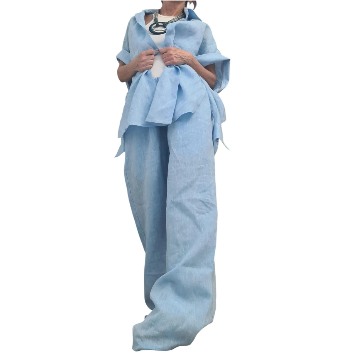Linen Set Women, Baby Blue Wide Leg Pants, Asymmetric Shirt, Loose Summer Outfit