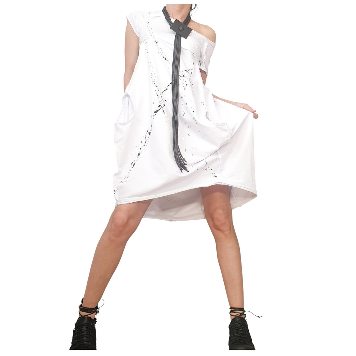 White Cotton Short Sleeve Dress, One Shoulder, Asymmetric Oversized Tunic
