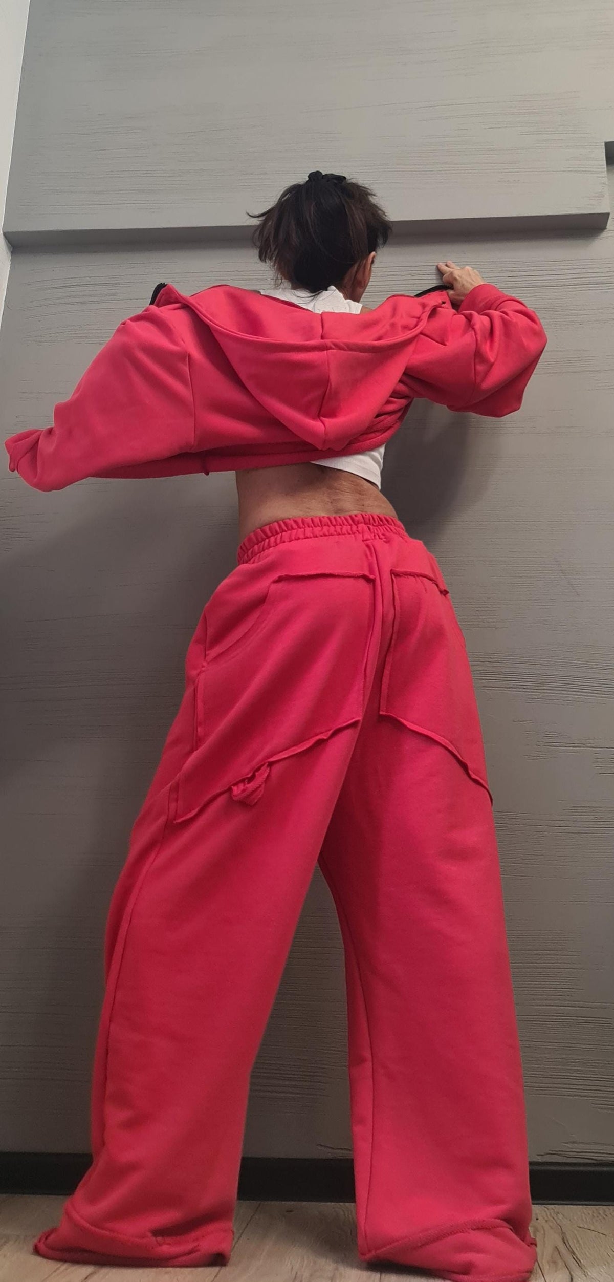 Red Cotton Wide Leg Pants, Cropped Hooded Sweatshirt, Two Piece Co-Ord Tracksuit Set