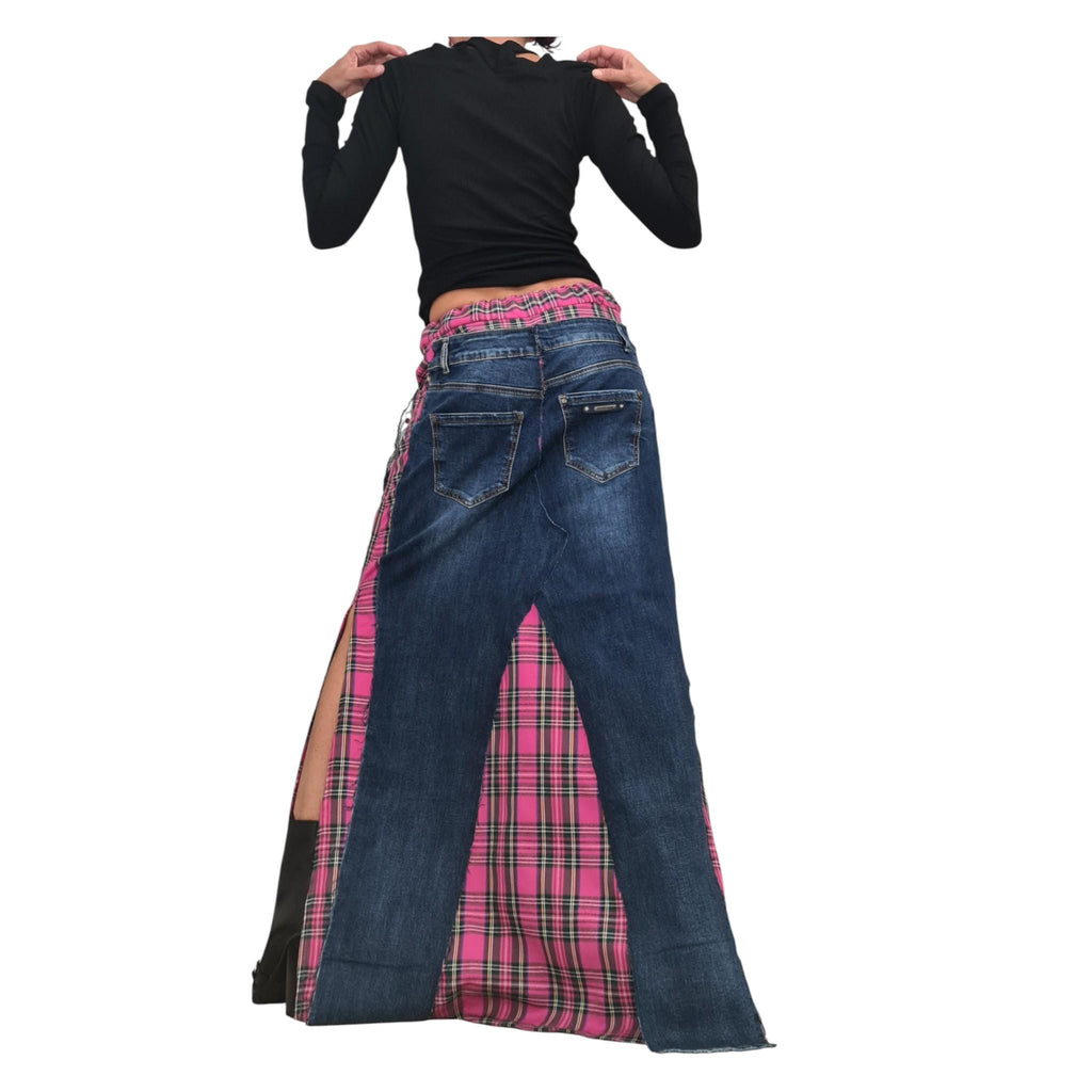 Deconstructed Denim Pink Plaid Maxi Skirt, Avant Garde Cotton Skirt
