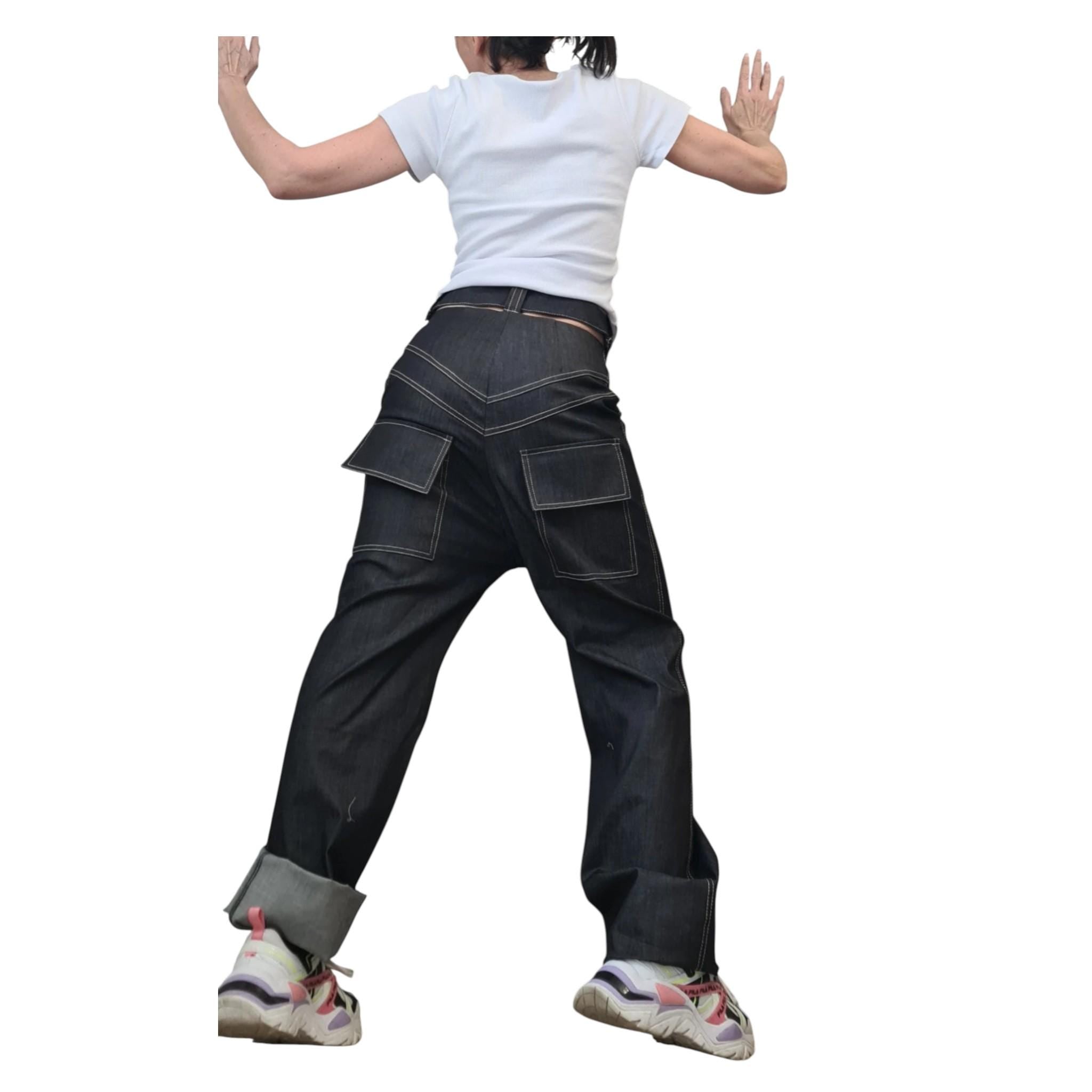 Dark Blue Straight-Leg Denim Pants | High Waist Minimalist Jeans | Handmade Cotton Trousers | Casual Avant-Garde Streetwear