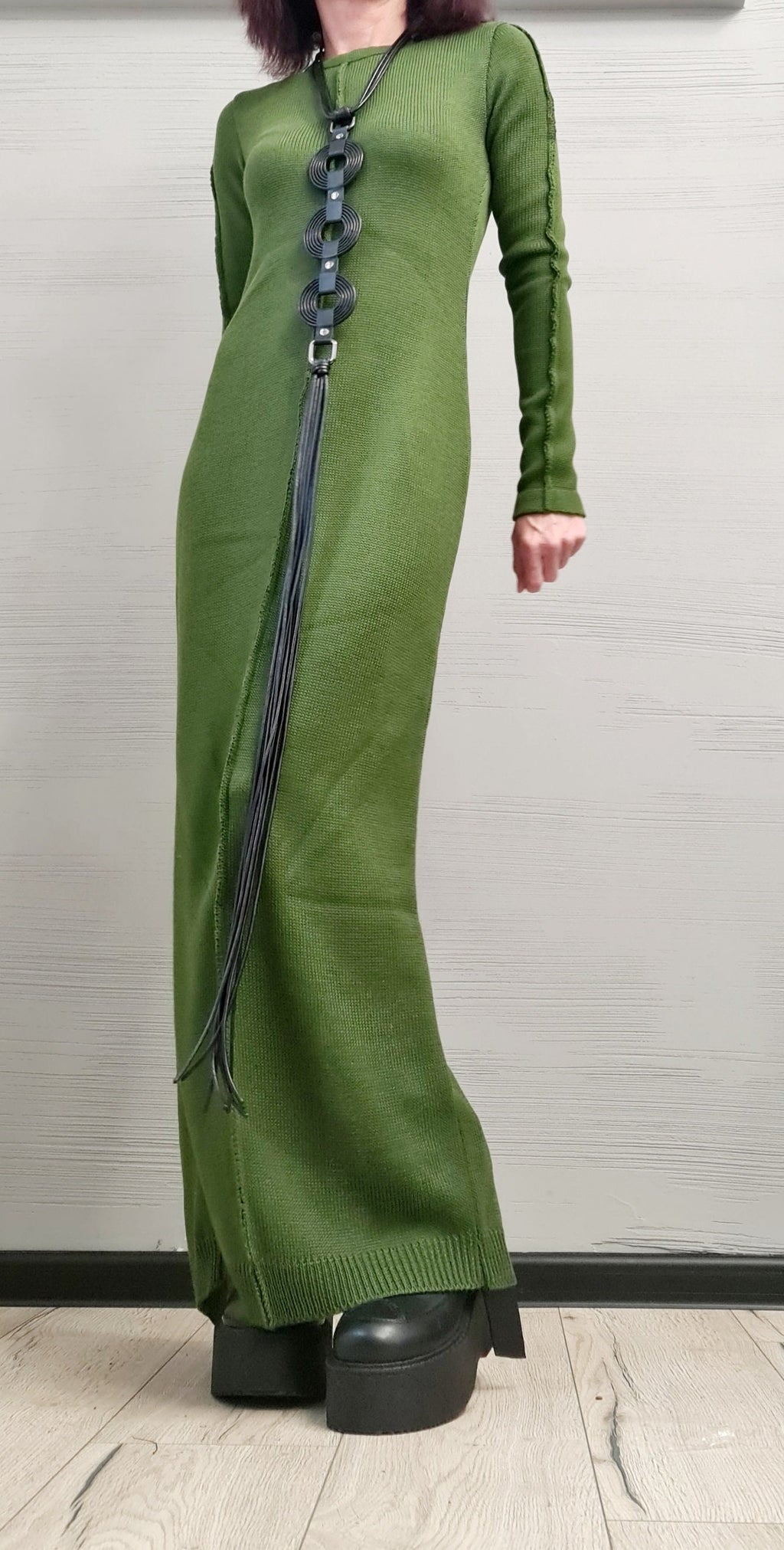 Military Green Asymmetric Maxi Knit Dress, Long Sleeves, Plus Size Sweater