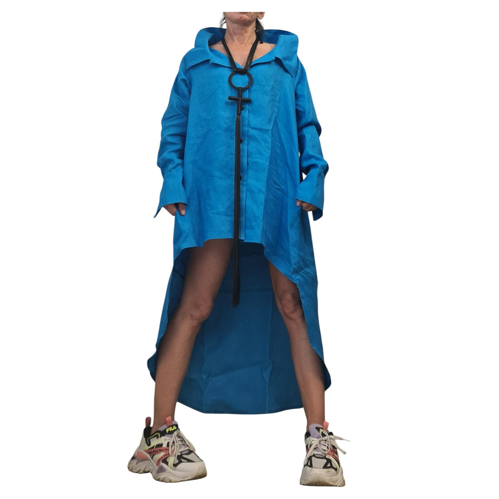 Turquoise Linen Shirt Tunic, High Low Beach Shirt Dress, Long Back Summer Top