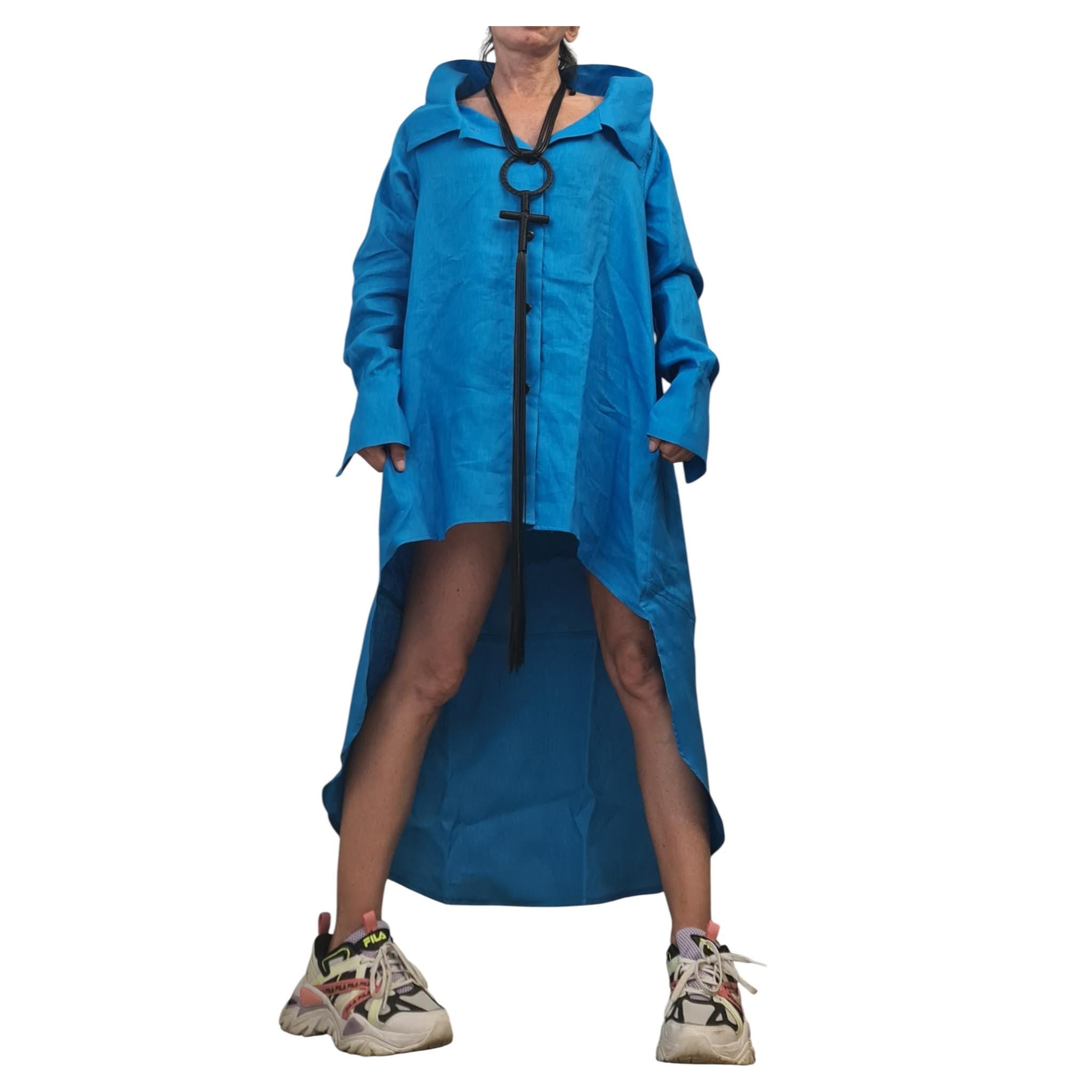 Turquoise Linen Shirt Tunic, High Low Beach Shirt Dress, Long Back Summer Top