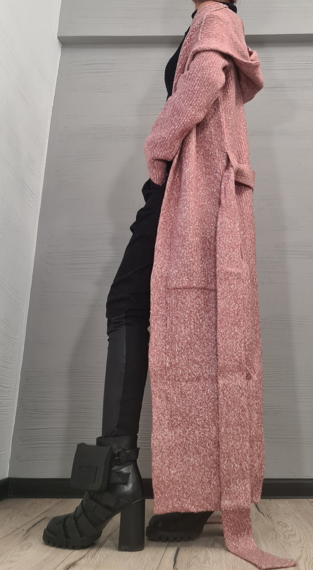 Dusty Rose Mohair Hooded Maxi Cardigan, Oversized Knit Sweater, Long Coat