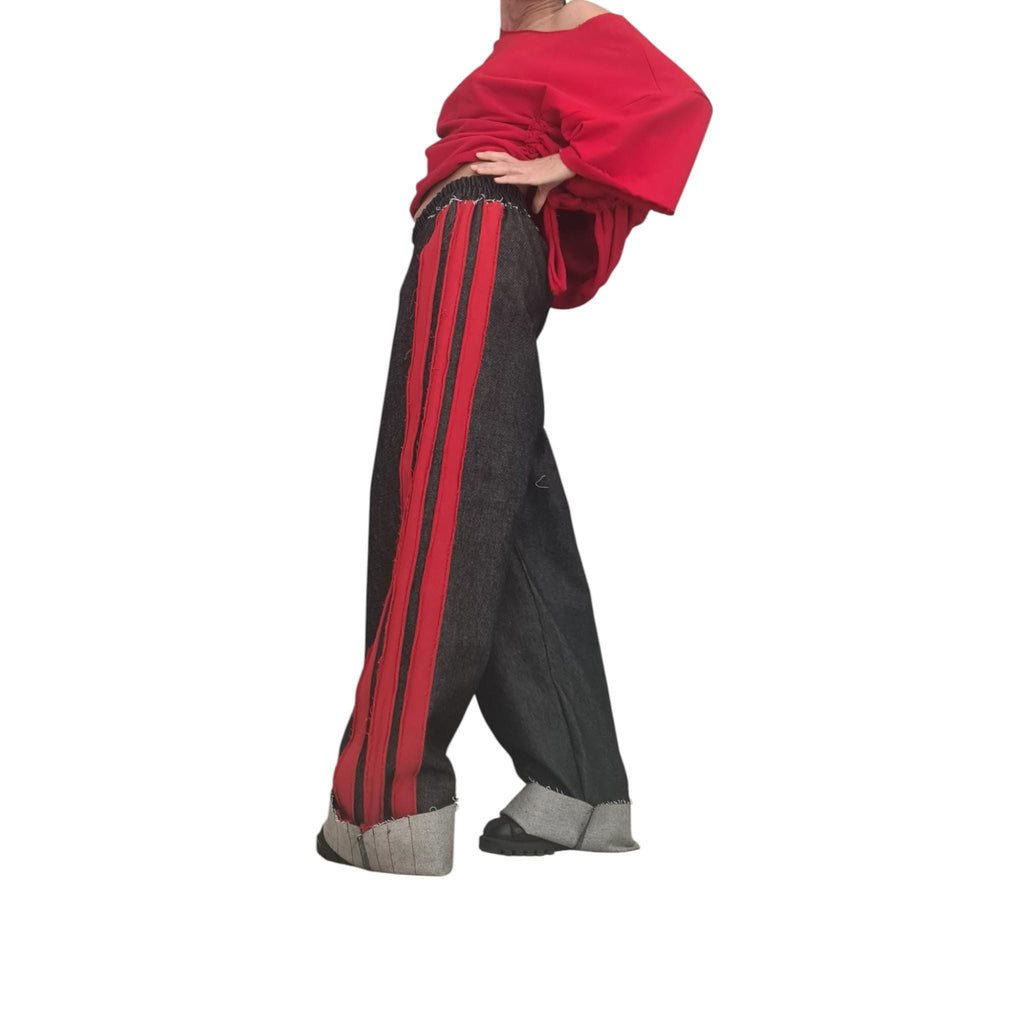 Red Ruched Cotton Blouse, Dark Denim Wide Leg Pants, Side Stripes, Cuffed Co-Ord Set