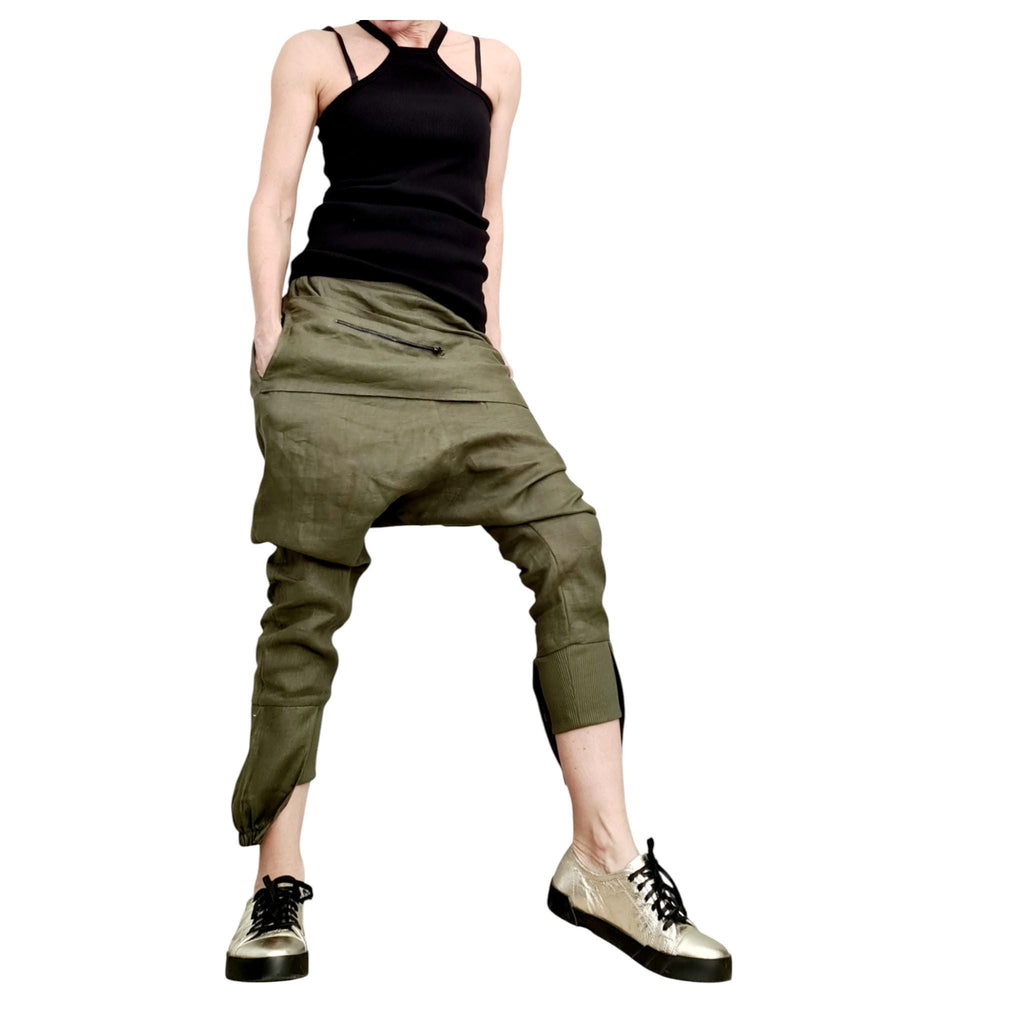 Military Green Linen Pants for Women, Drop Crotch Summer Trousers, Handmade Casual Urban Outfit