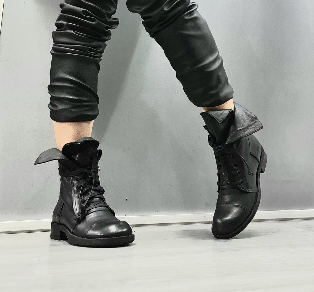 Black Asymmetric Leather Boots, Gothic Steampunk Ankle Shoes, Handmade Footwear