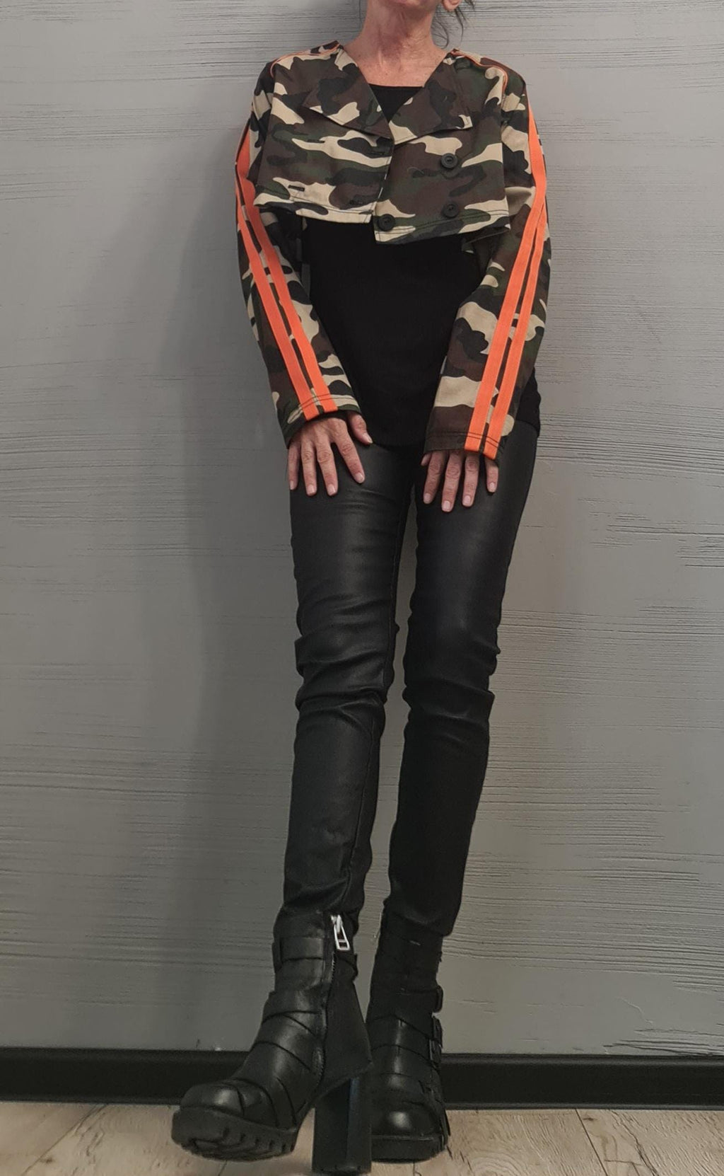Camouflage Two-Piece Set, Cropped Hooded Jacket, Belted Maxi Vest, Orange Stripes