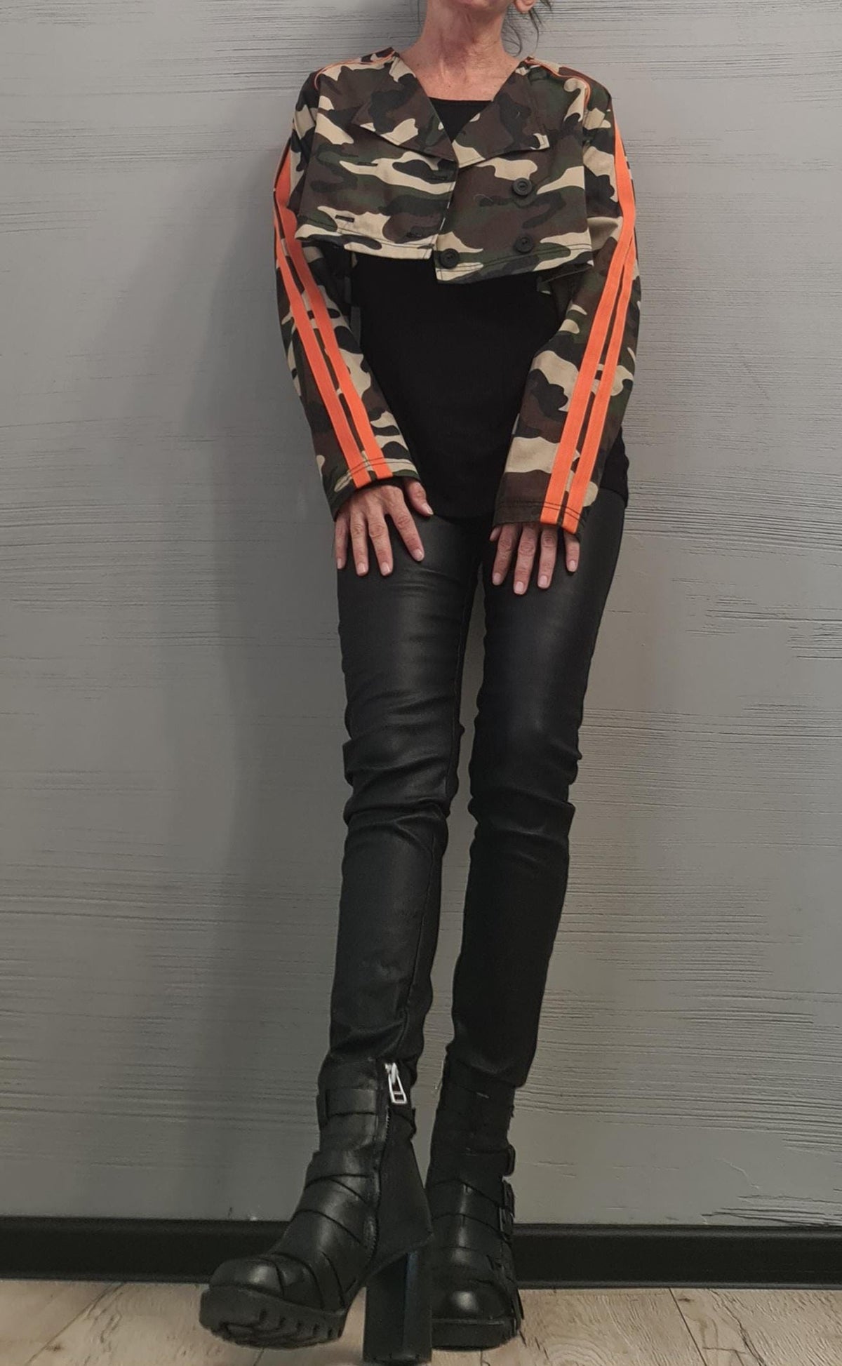 Camouflage Two-Piece Set, Cropped Hooded Jacket, Belted Maxi Vest, Orange Stripes