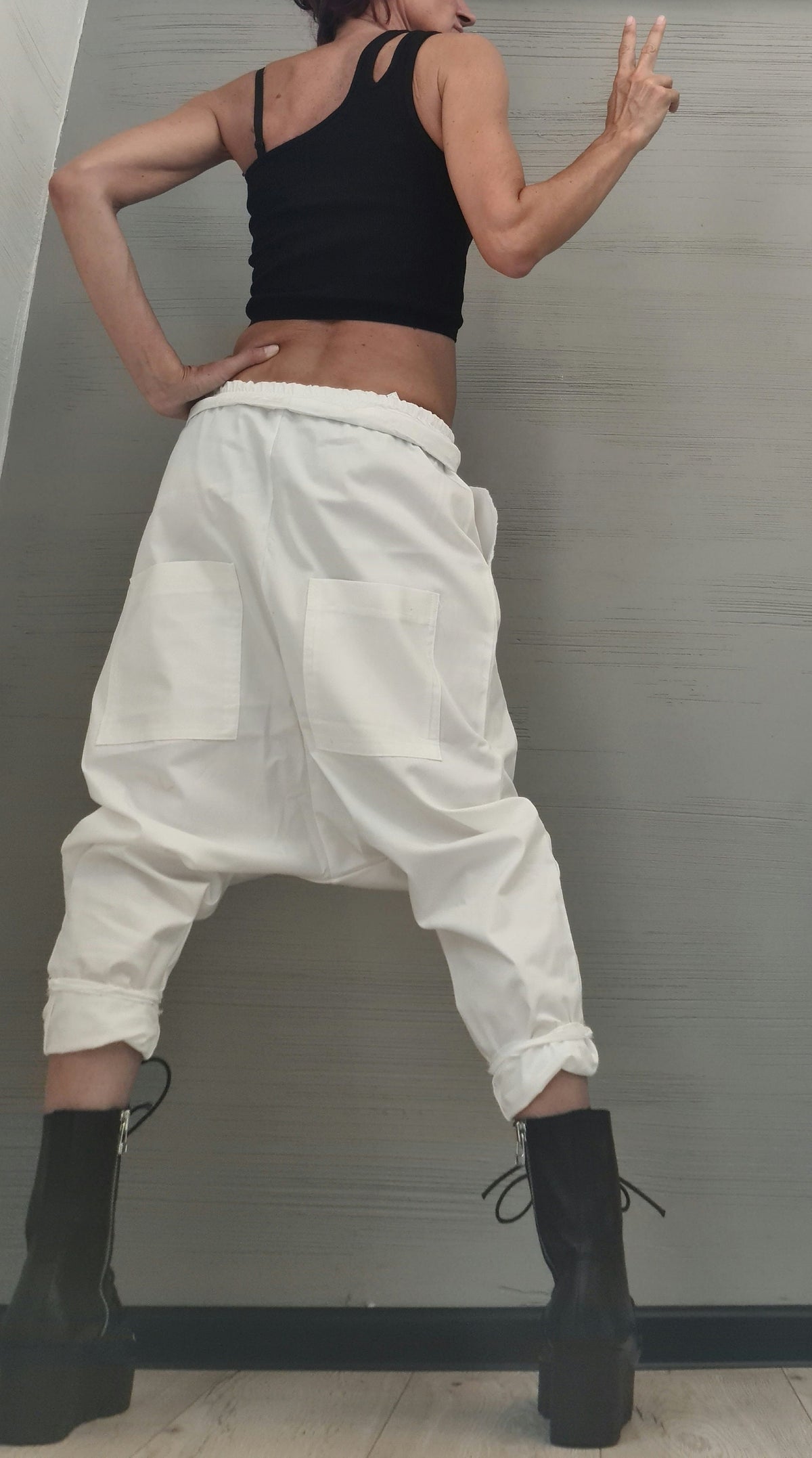 White Cotton Harem Trousers, Drop Crotch Pants