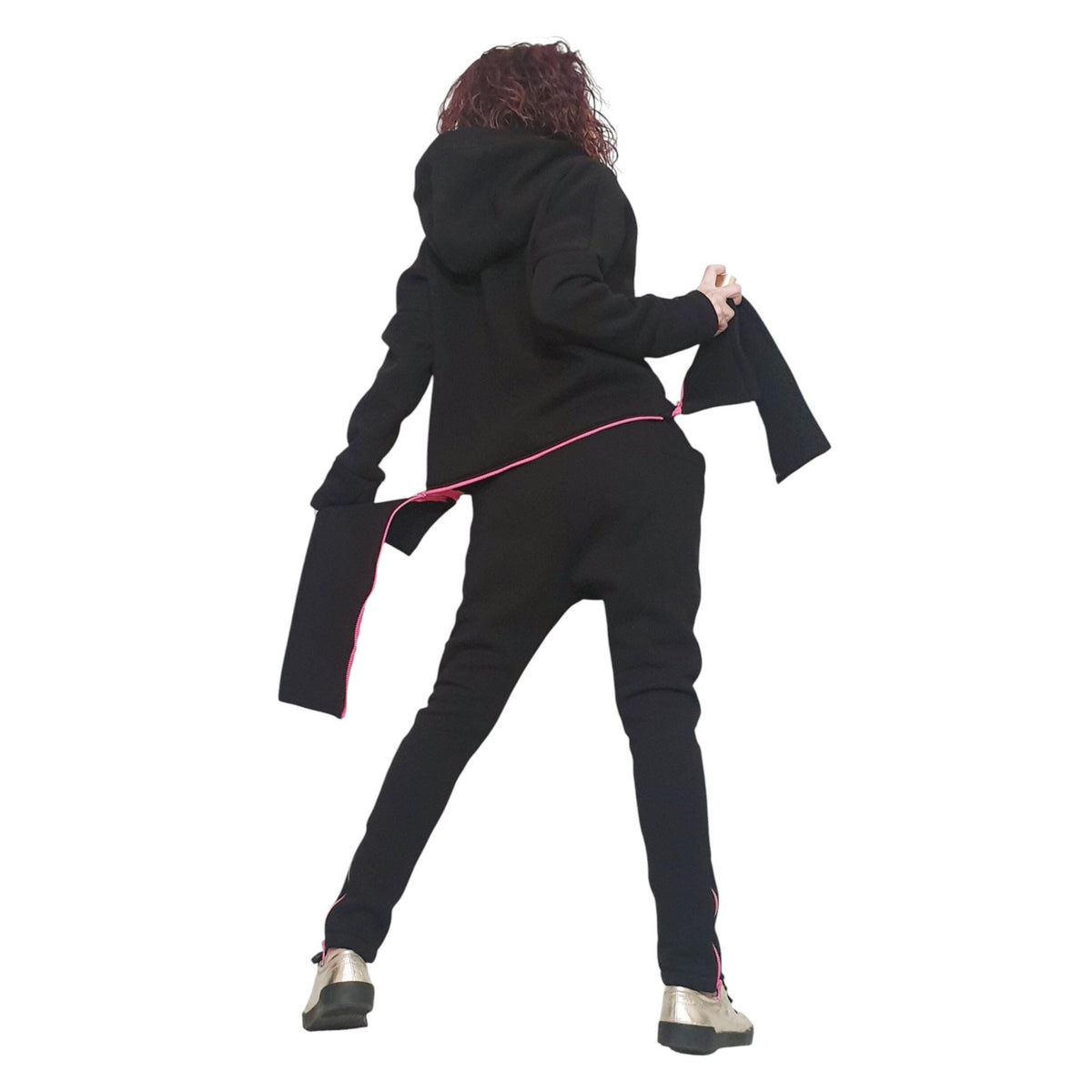 Black Cotton Drop Crotch Pants, Asymmetrical Hooded Sweatshirt, Pink Zipper, Two-Piece Co-Ord Set