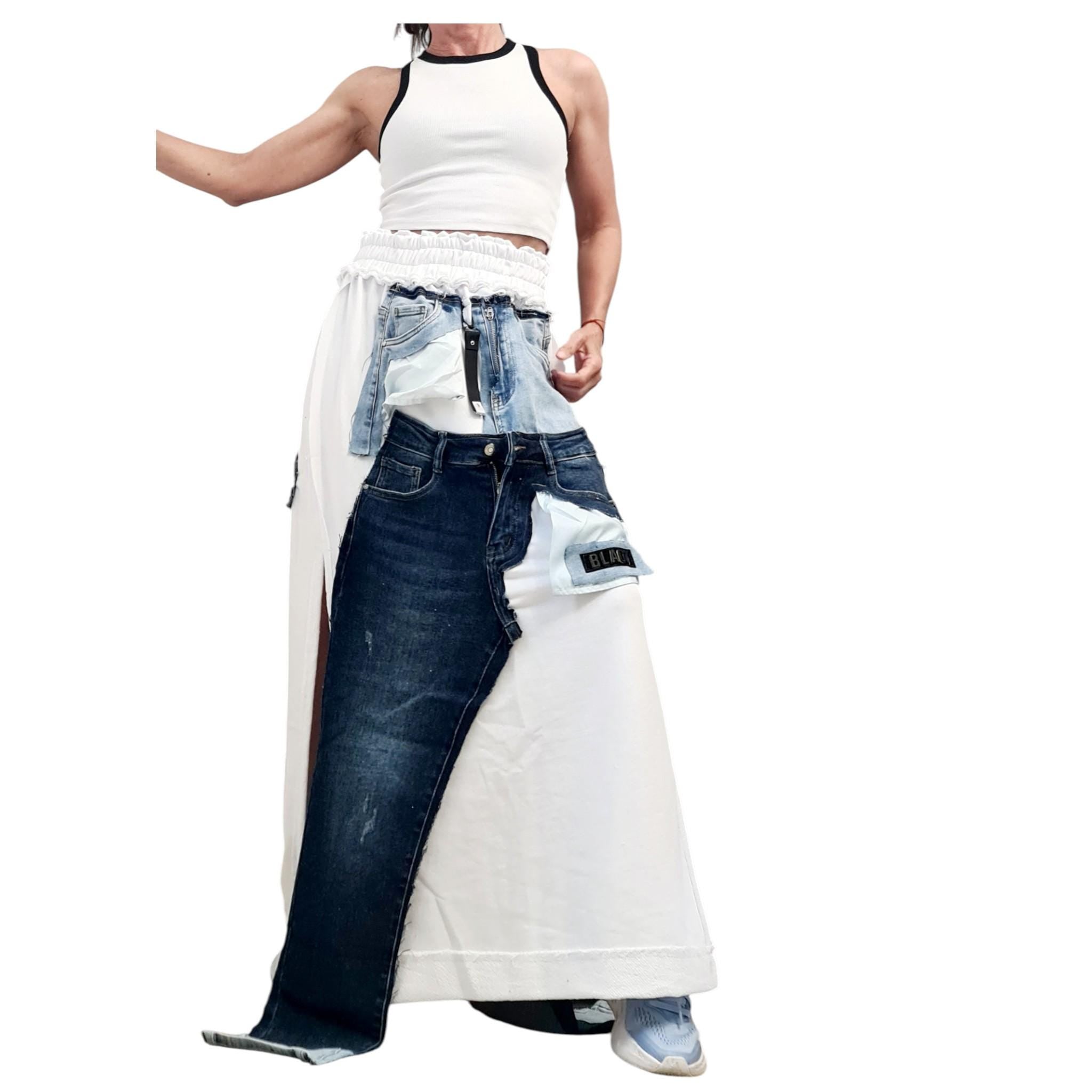 White Maxi Skirt, Cotton with Denim Details, Asymmetric Design with External Seams