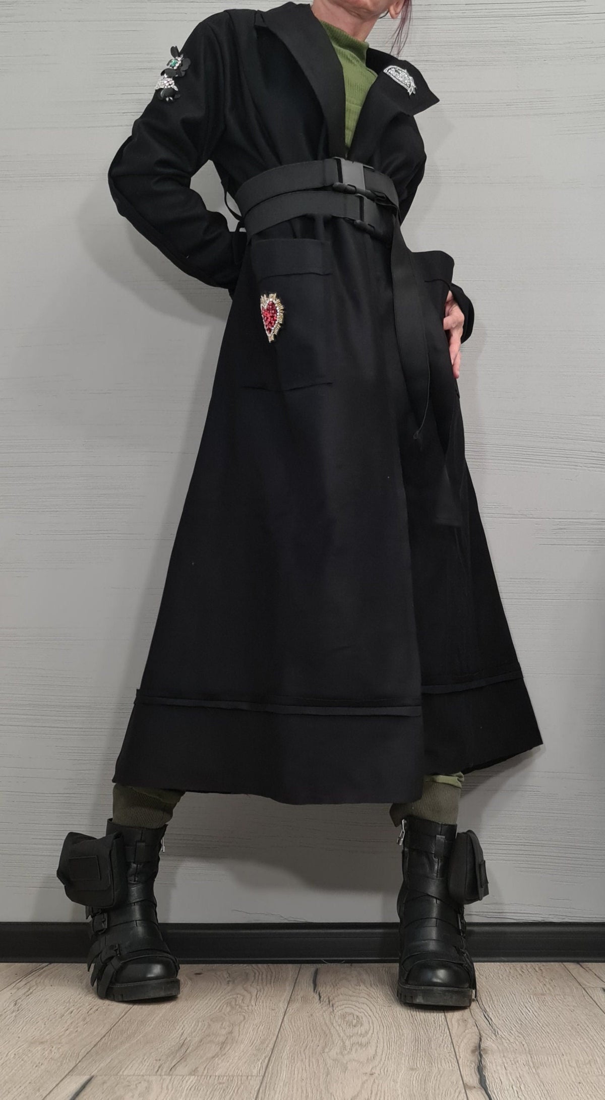 Black Asymmetrical Maxi Coat, Double Buckle Belt, Decorative Appliqués, Flared Winter Overcoat